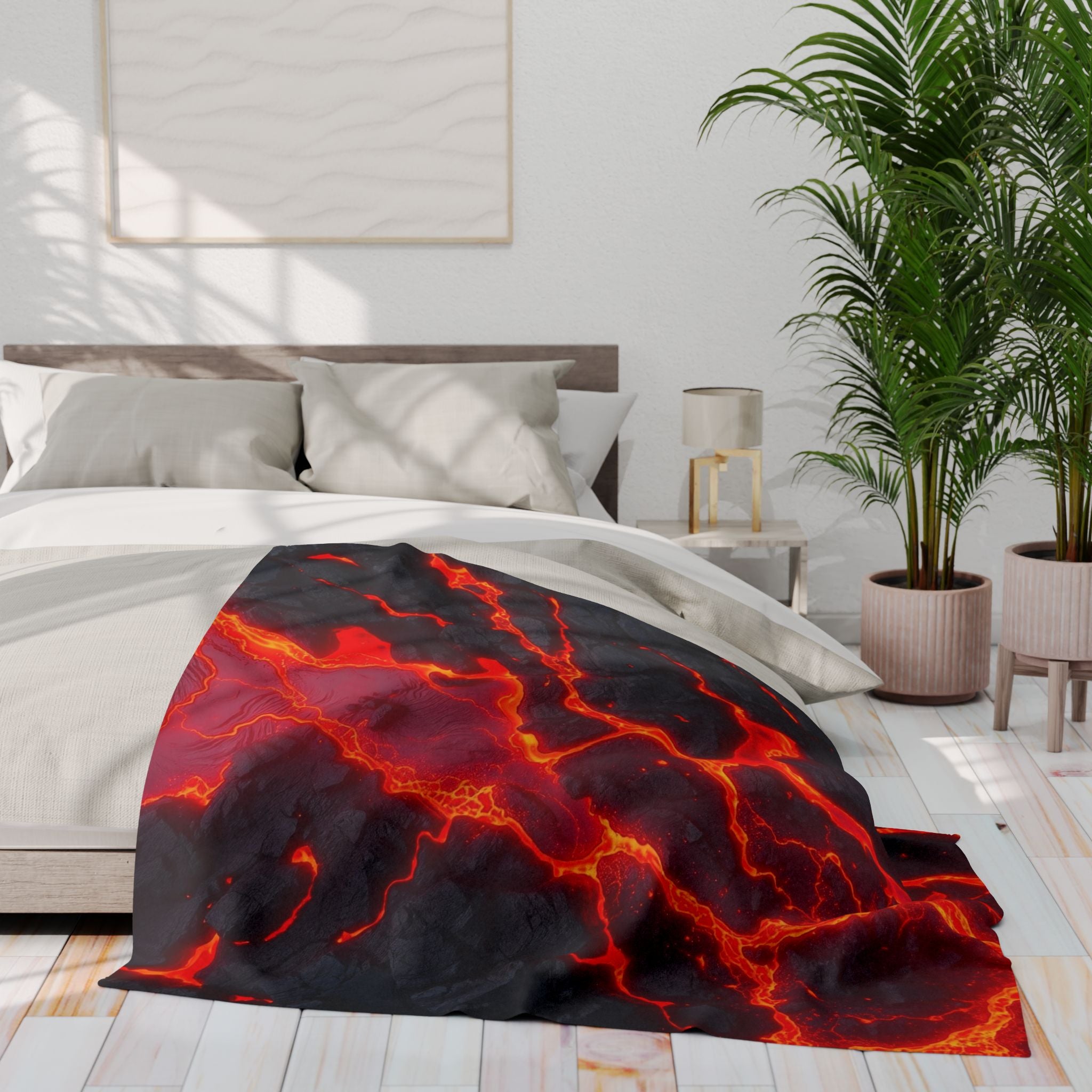 Lava patterned blanket on a bed in a modern bedroom with plants and a lamp.