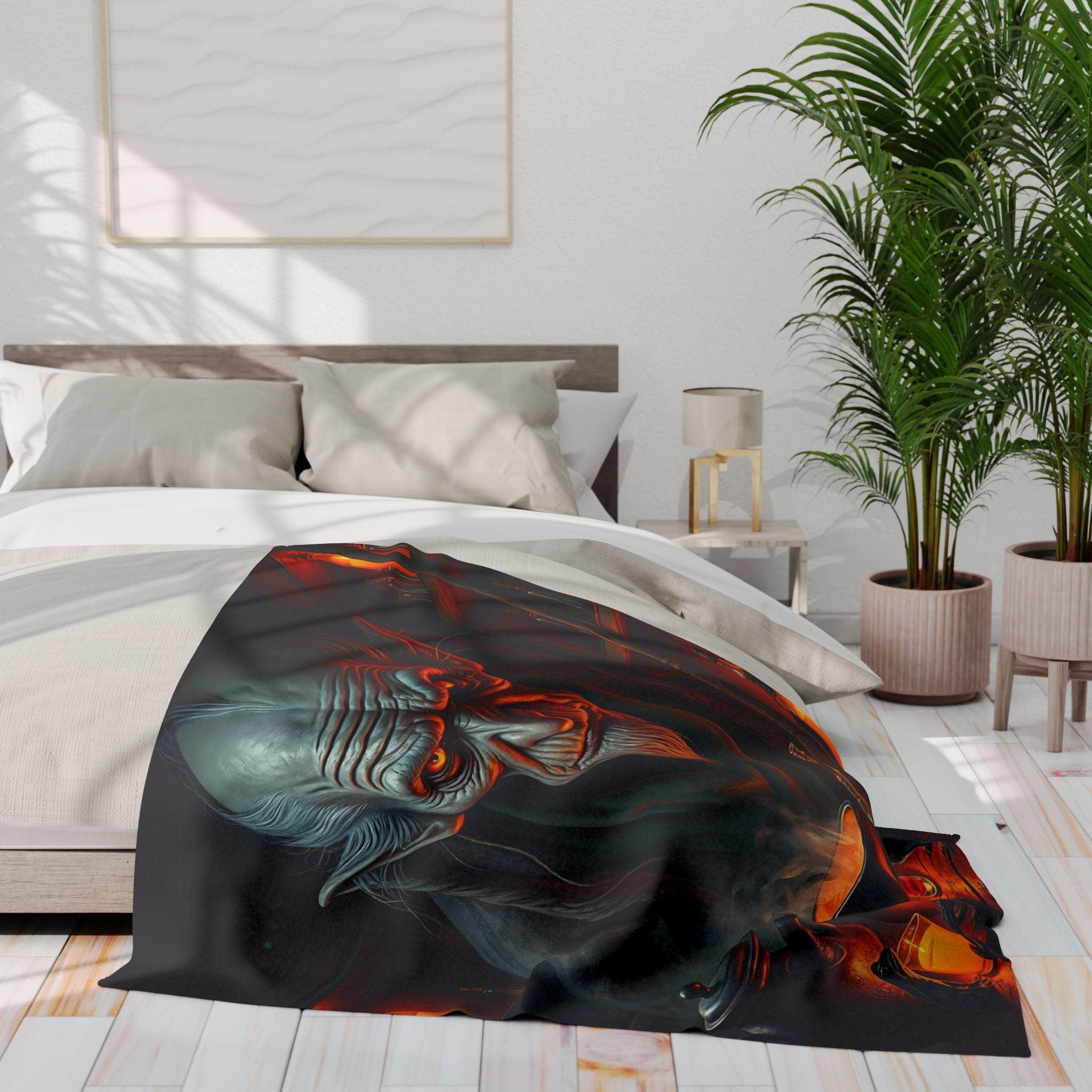 Decorative blanket with a halloween warlock wizard design on a bed in a bedroom setting.