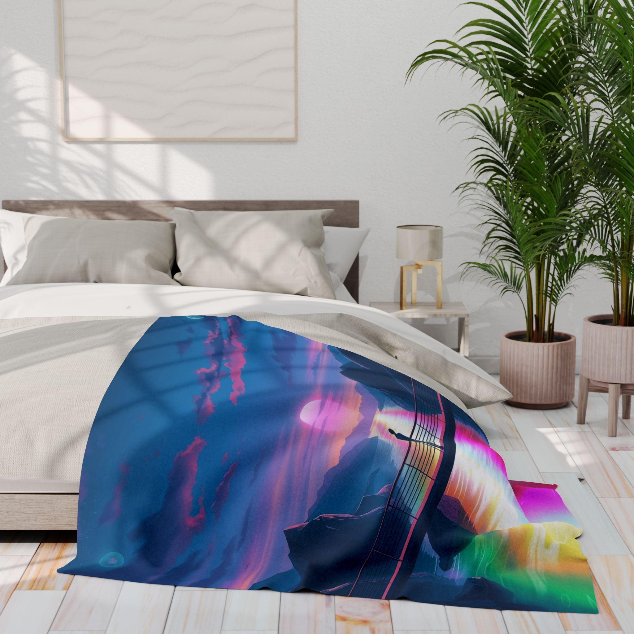 Bed with a colorful rainbow sunset abstract design blanket in a bright bedroom.