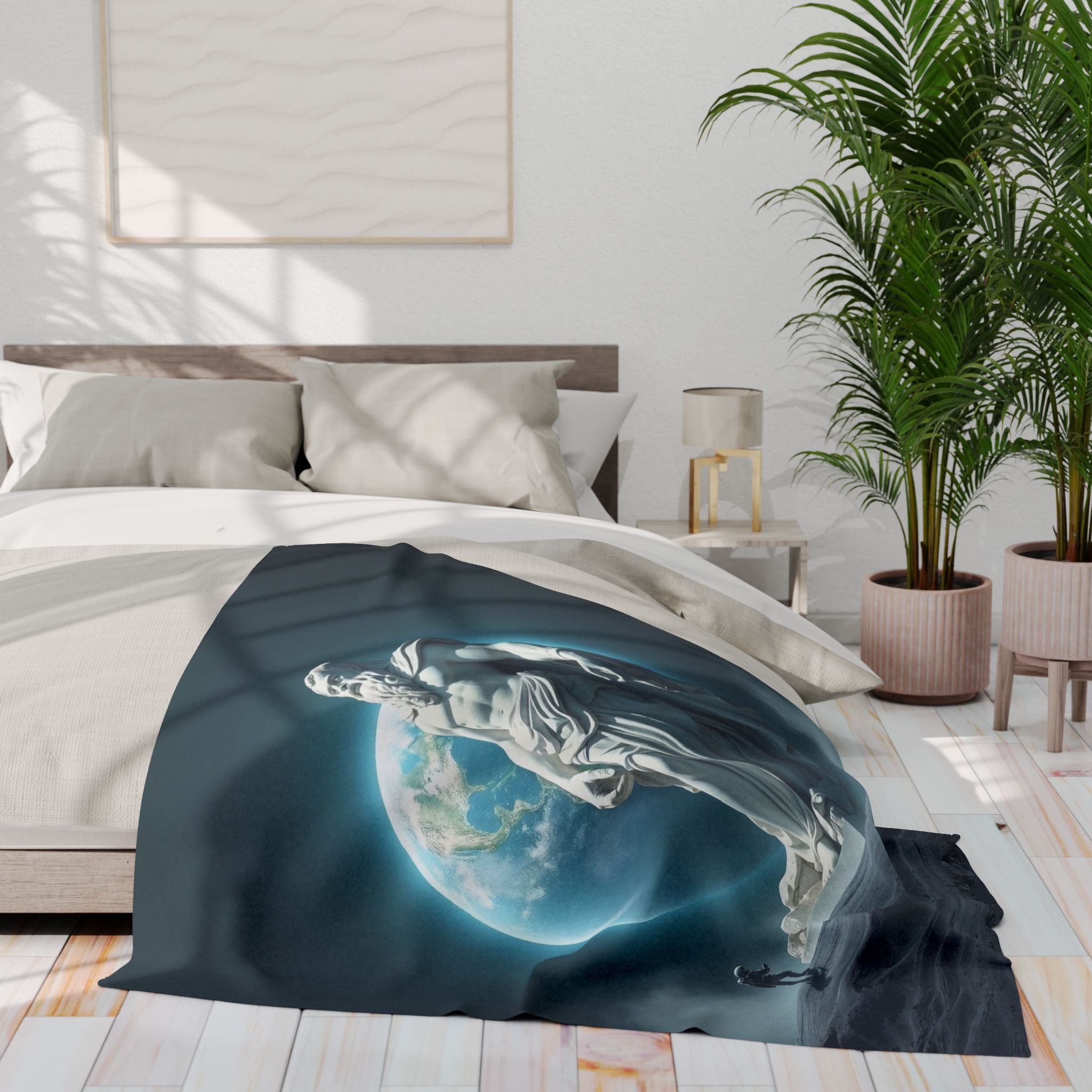 Bed with a decorative fleece blanket featuring a statue of ancient greek god zeus on the moon with an astronaut in a bedroom setting.