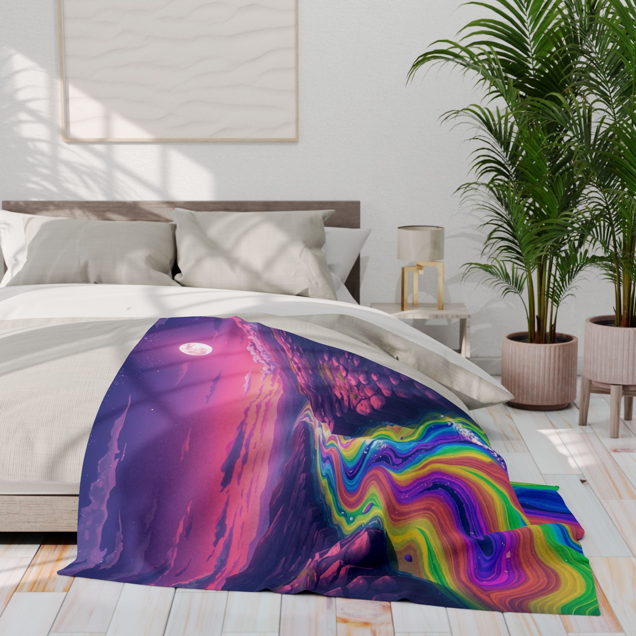 Rainbow river abstract patterned blanket on a bed in a bright bedroom with plants and decor.