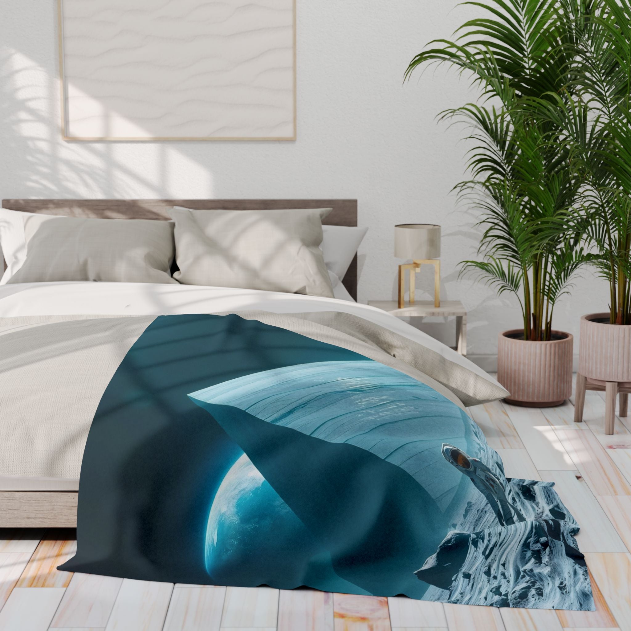 Bed with a decorative fleece blanket featuring a huge ancient pyramid on the moon with an astronaut in a bedroom setting.