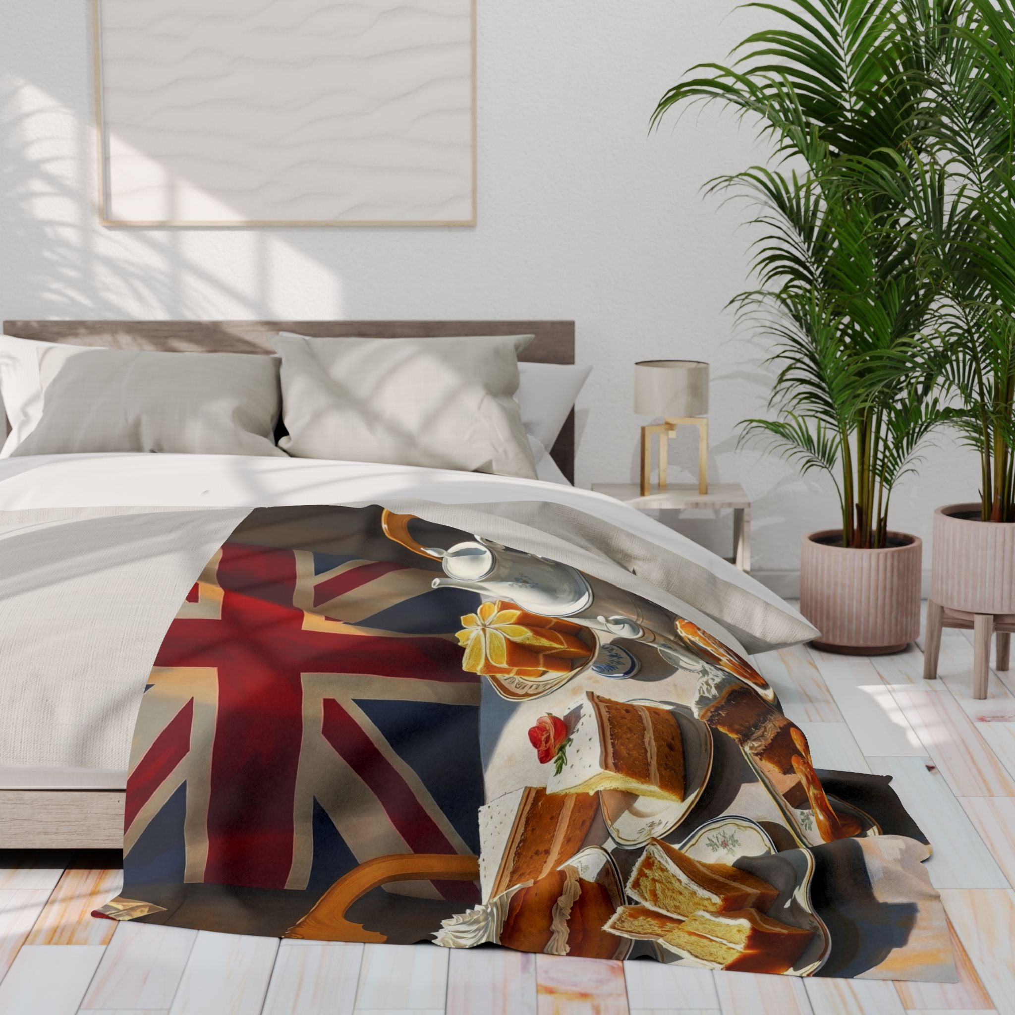 Bed with a British themed tea party with cakes and a Union Jack blanket design in a bedroom setting.