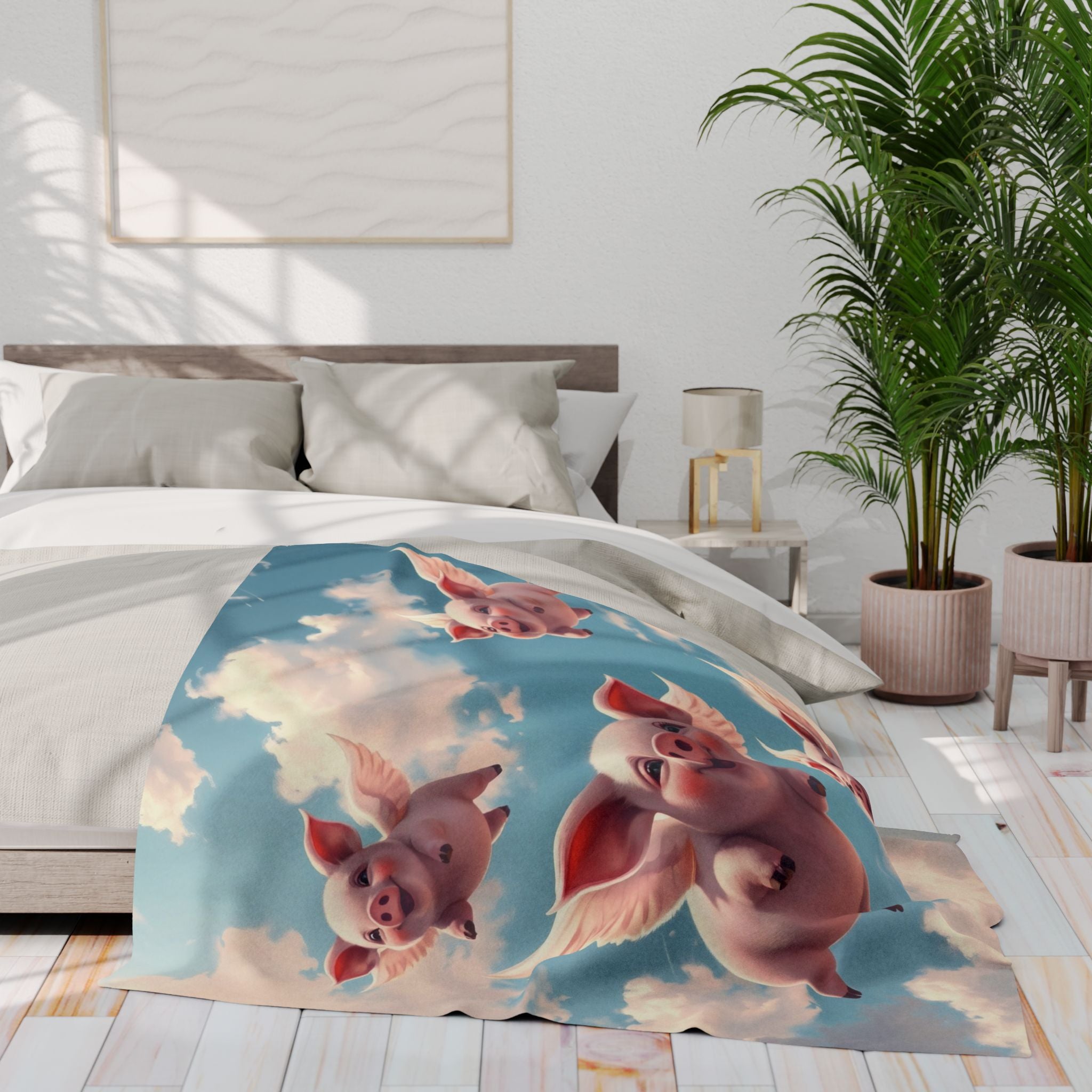 Bed with a decorative blanket featuring cartoon flying pigs in a bedroom setting.