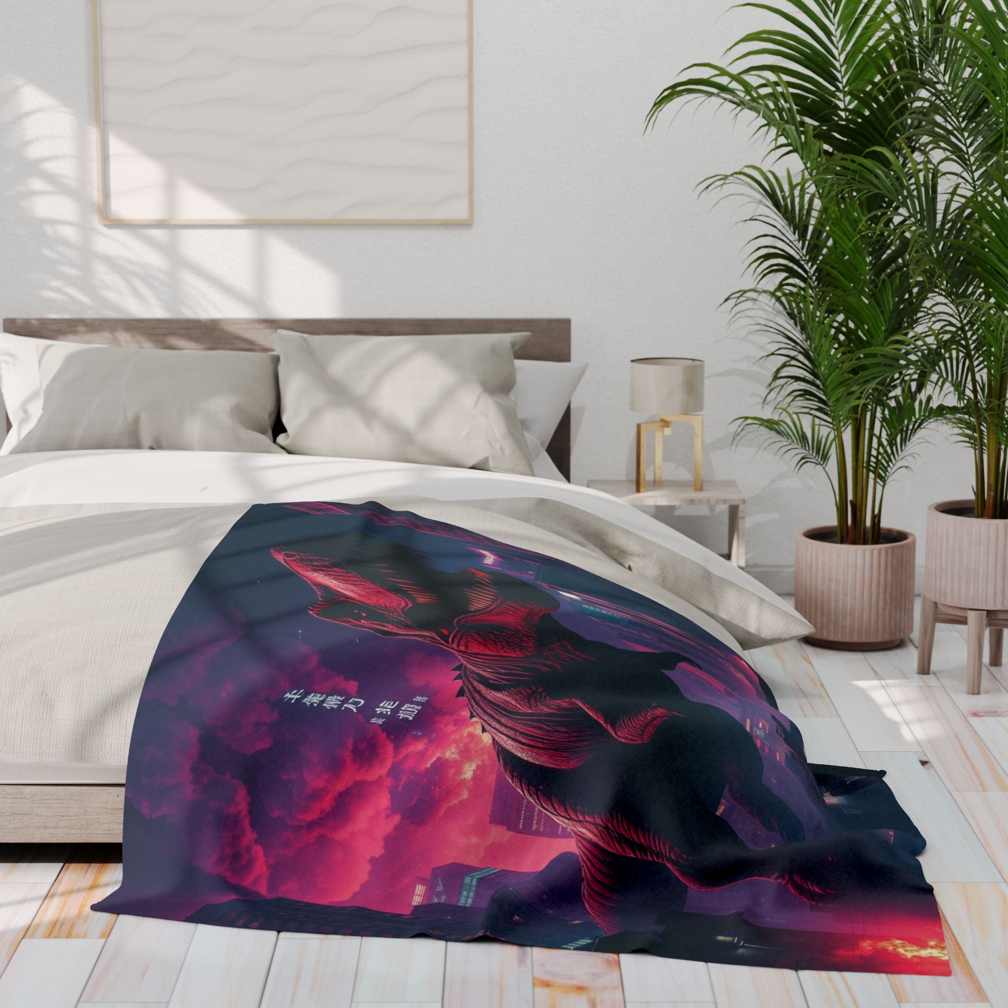 Bed with a colorful neon Tokyo cityscape fleece blanket featuring T-Rex dinosaur in a bedroom setting.