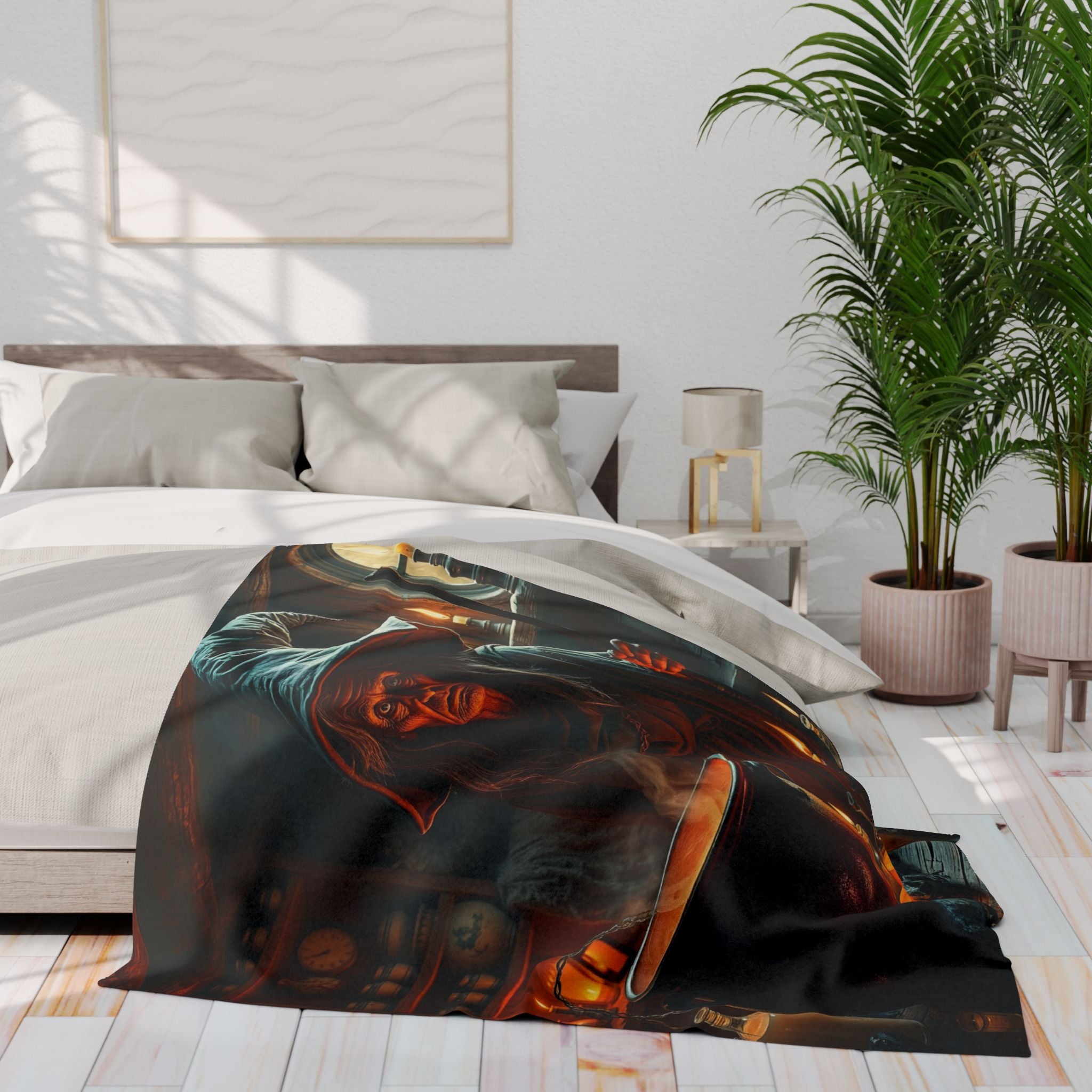 Bed with a decorative halloween blanket featuring an evil witch design in a bedroom setting.