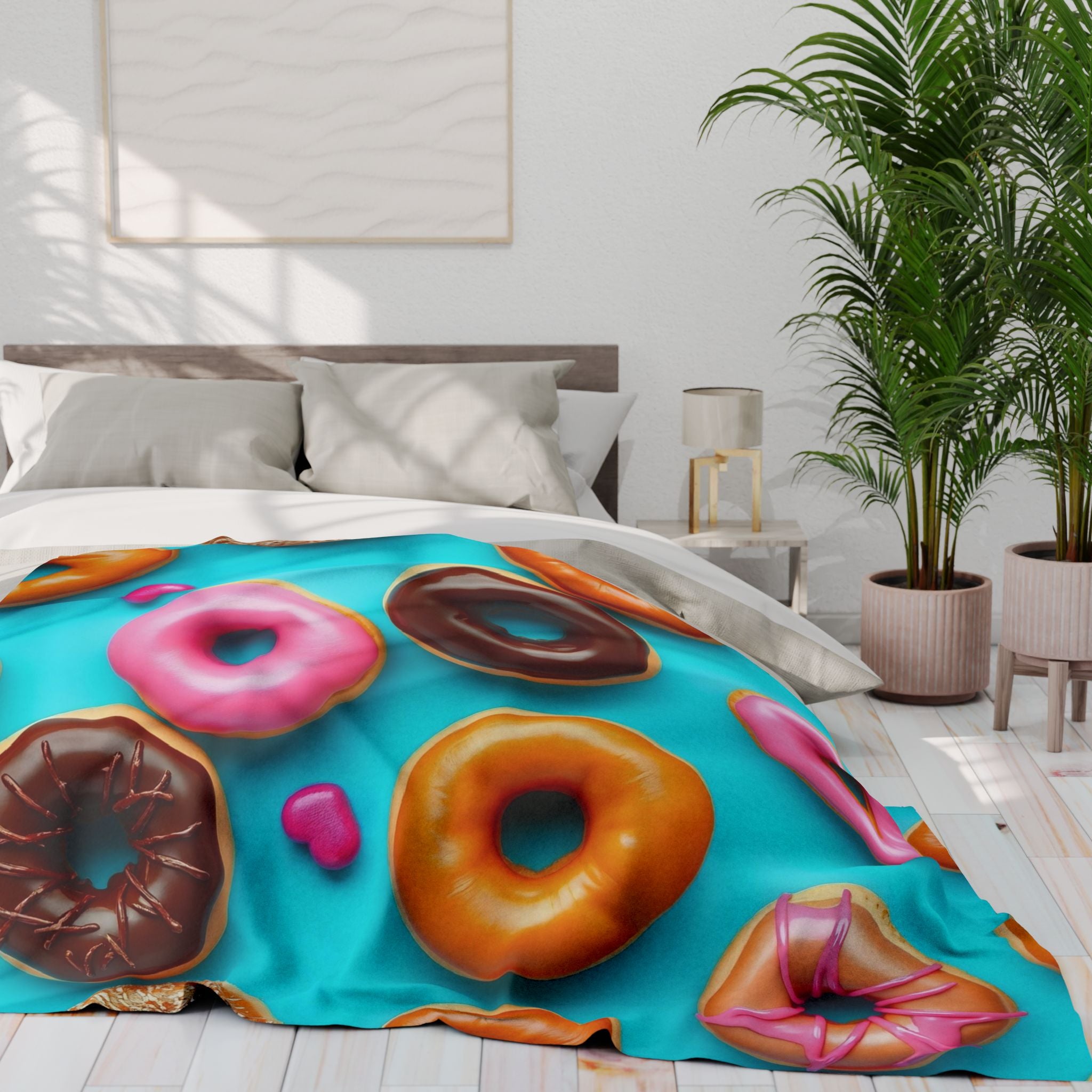 Bed with colourful doughnut patterned warm fleece blanket in a bright bedroom.