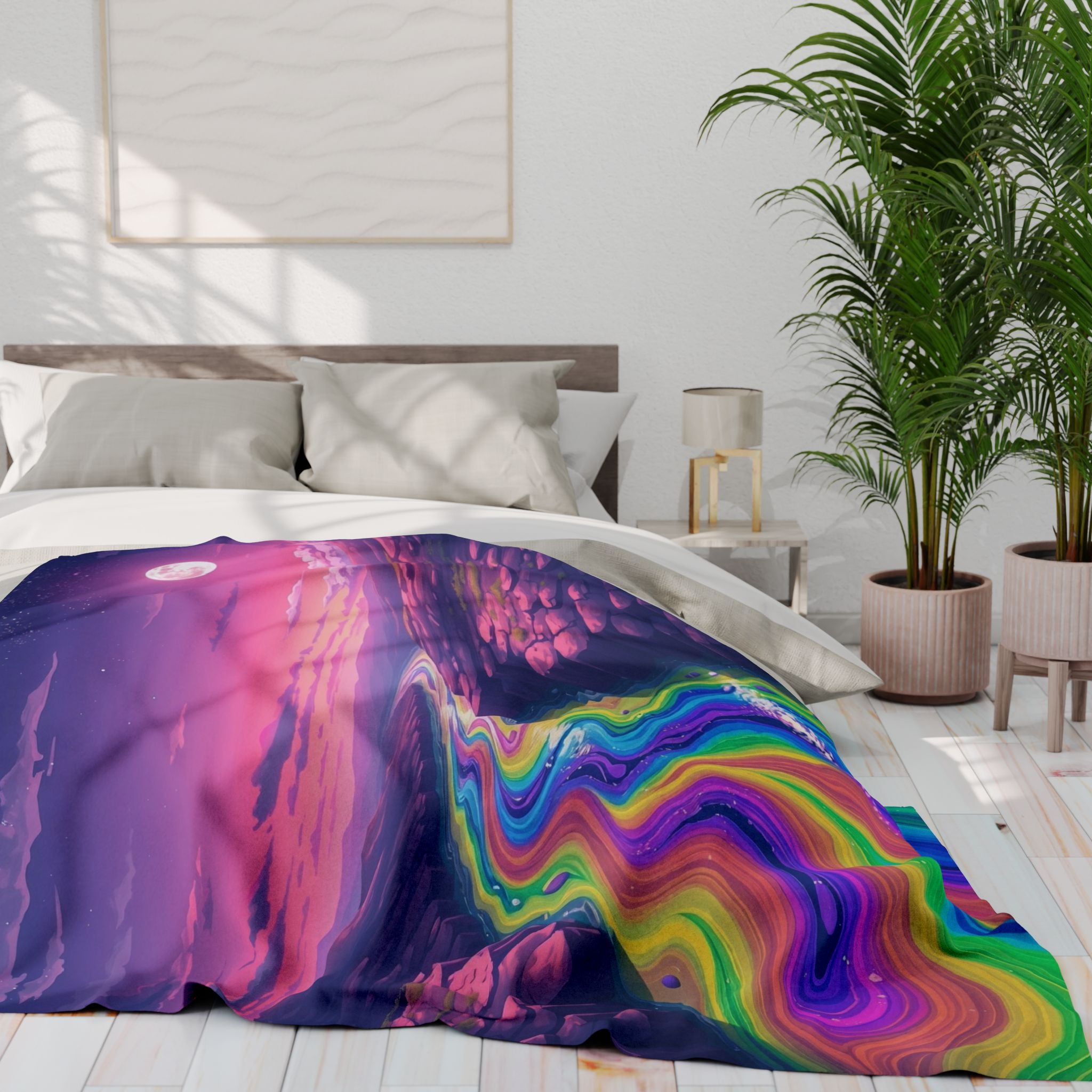 Bed with rainbow river printed fleece blanket in a bright bedroom setting.