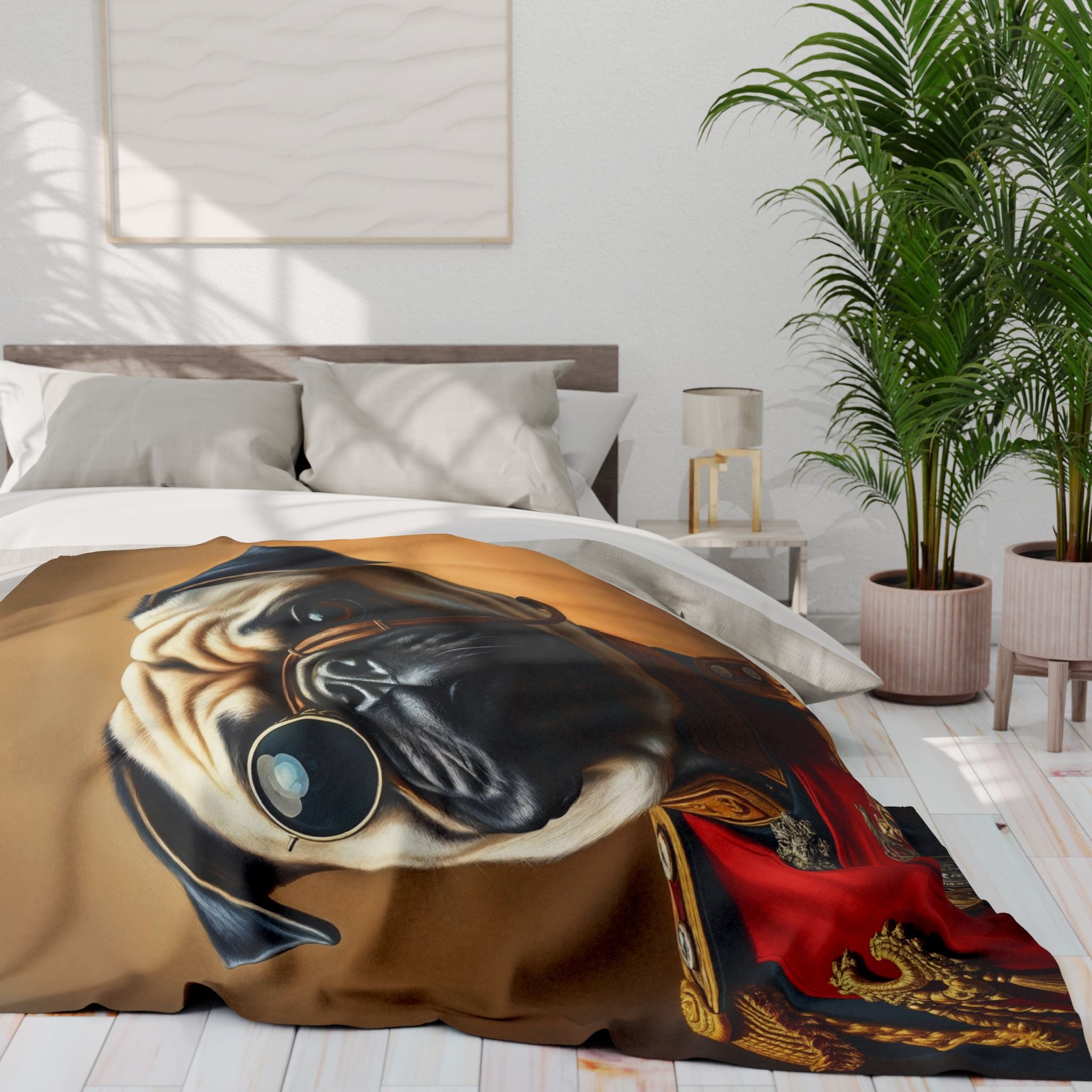 Bed with a pug dog wearing a vintage military uniform blanket in a bright bedroom setting.
