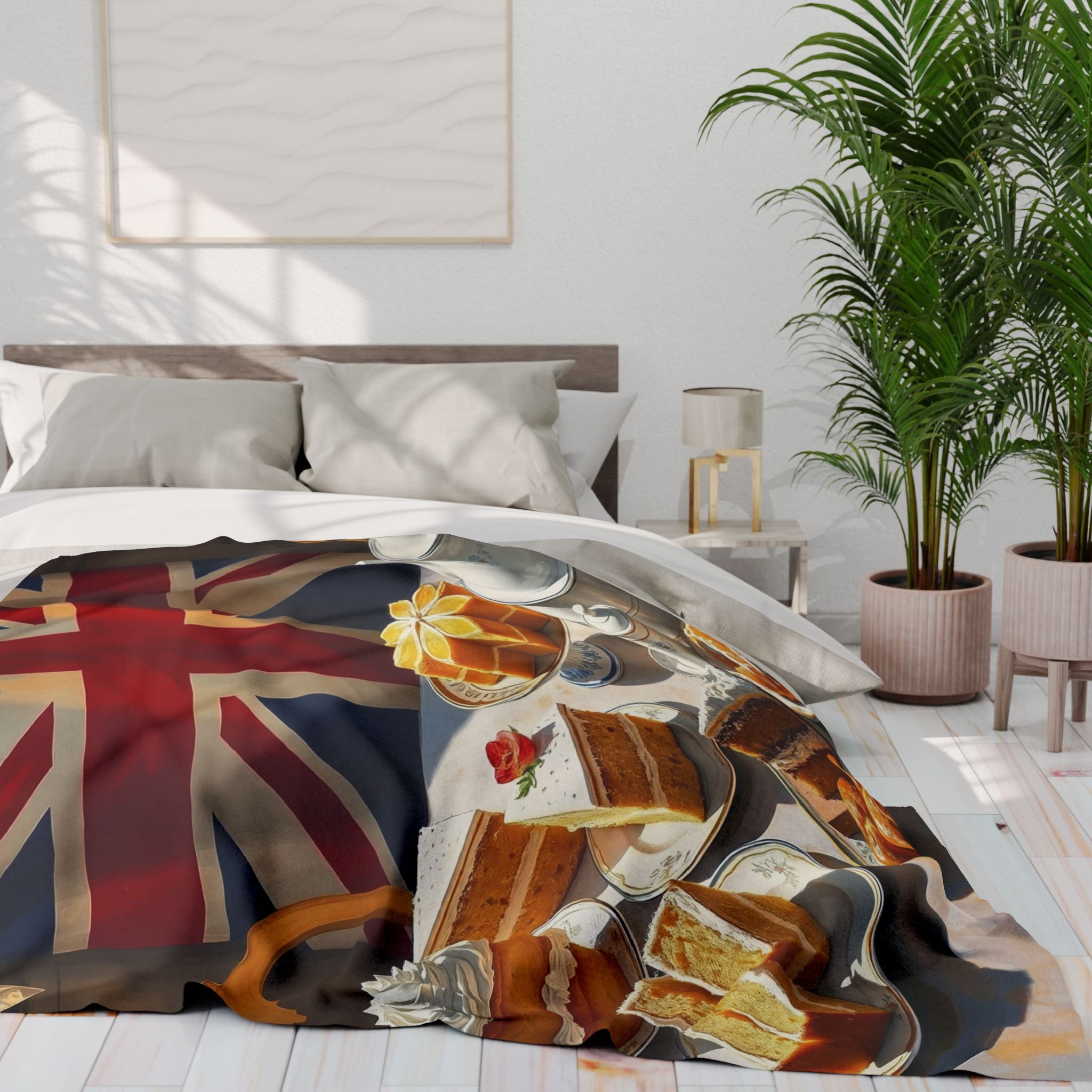 Bed with a Union Jack tea party-themed blanket in a bright bedroom.