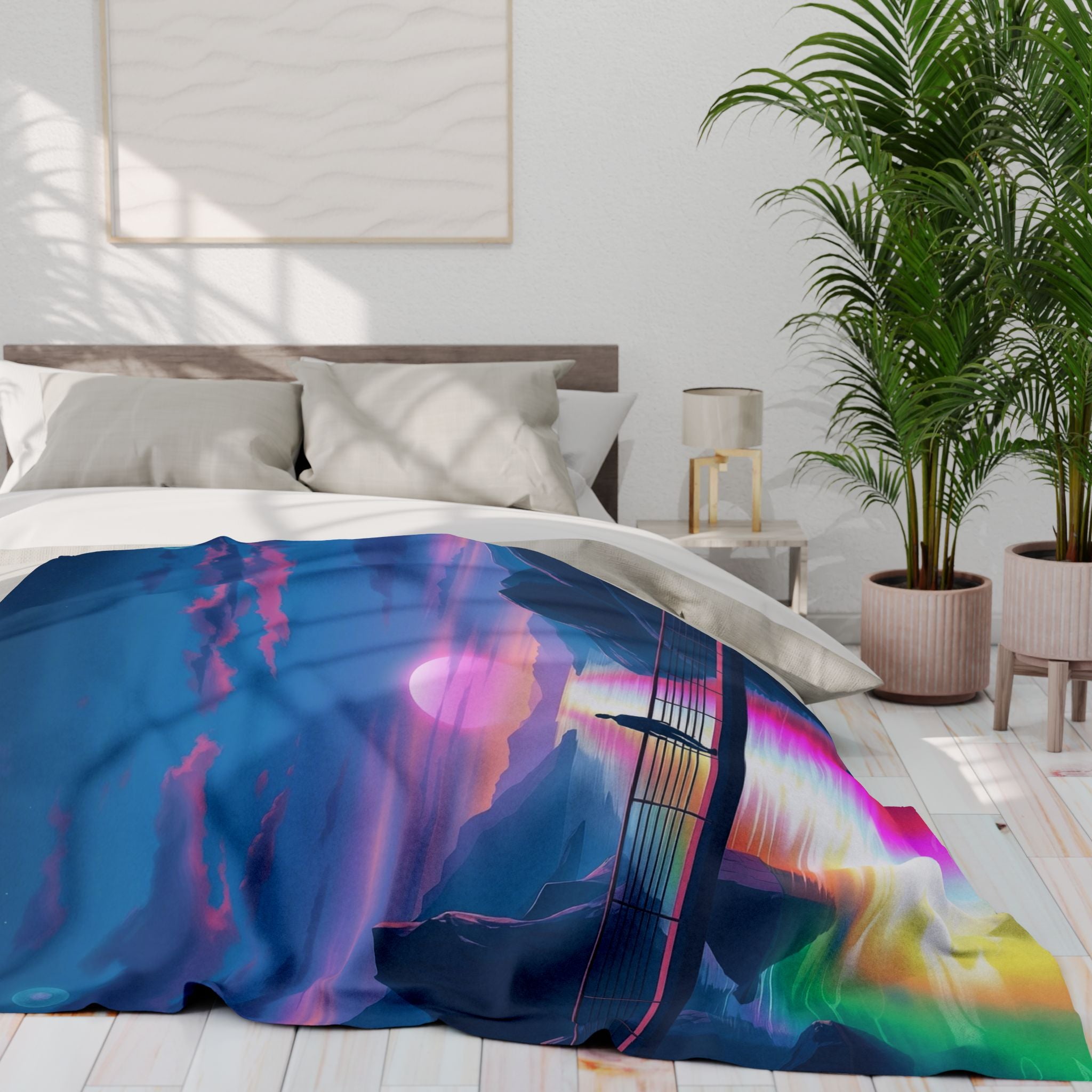 Bed with rainbow river sunset abstract design blanket in a bright bedroom.