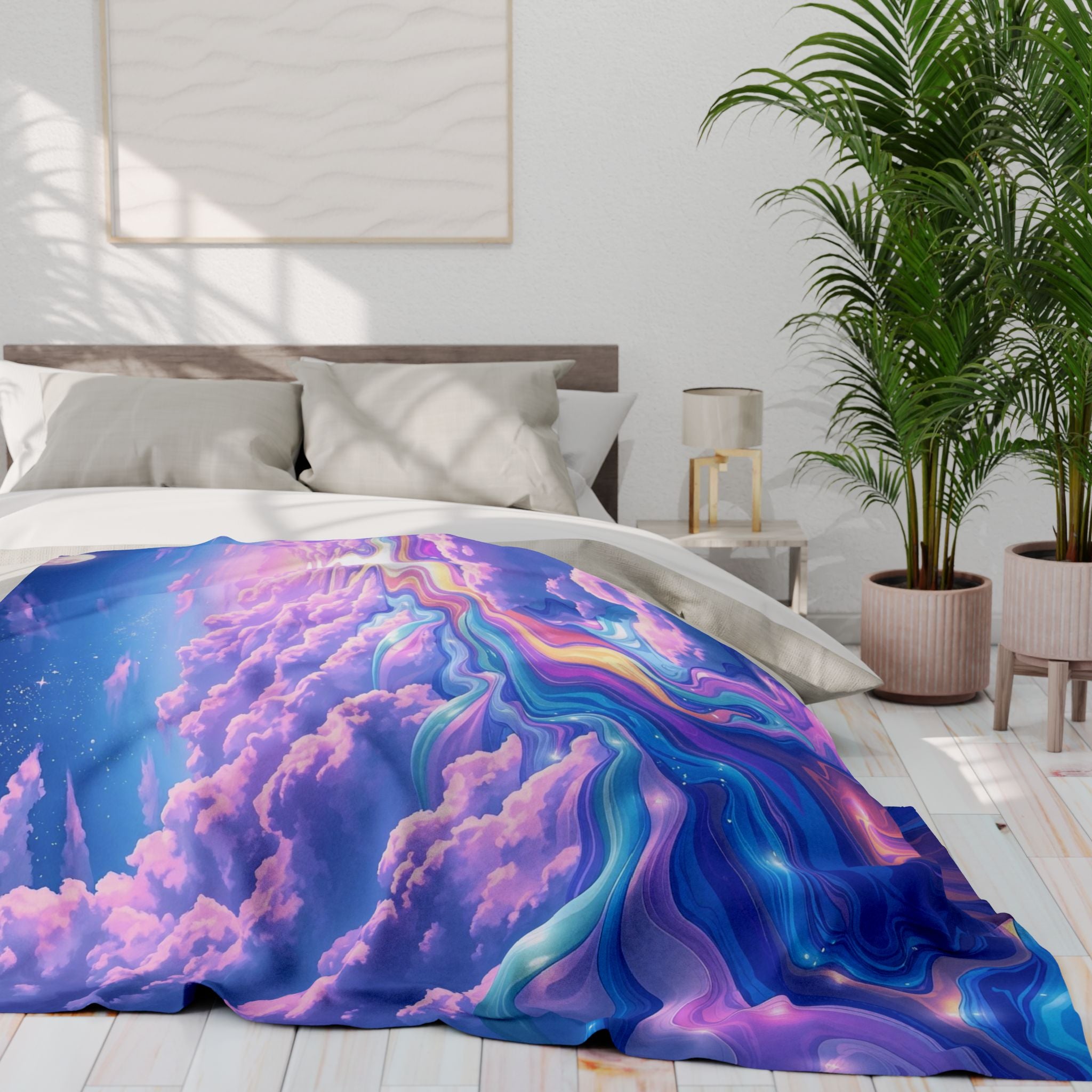 Bed with a colourful cloud patterned fleece blanket in a bright bedroom.