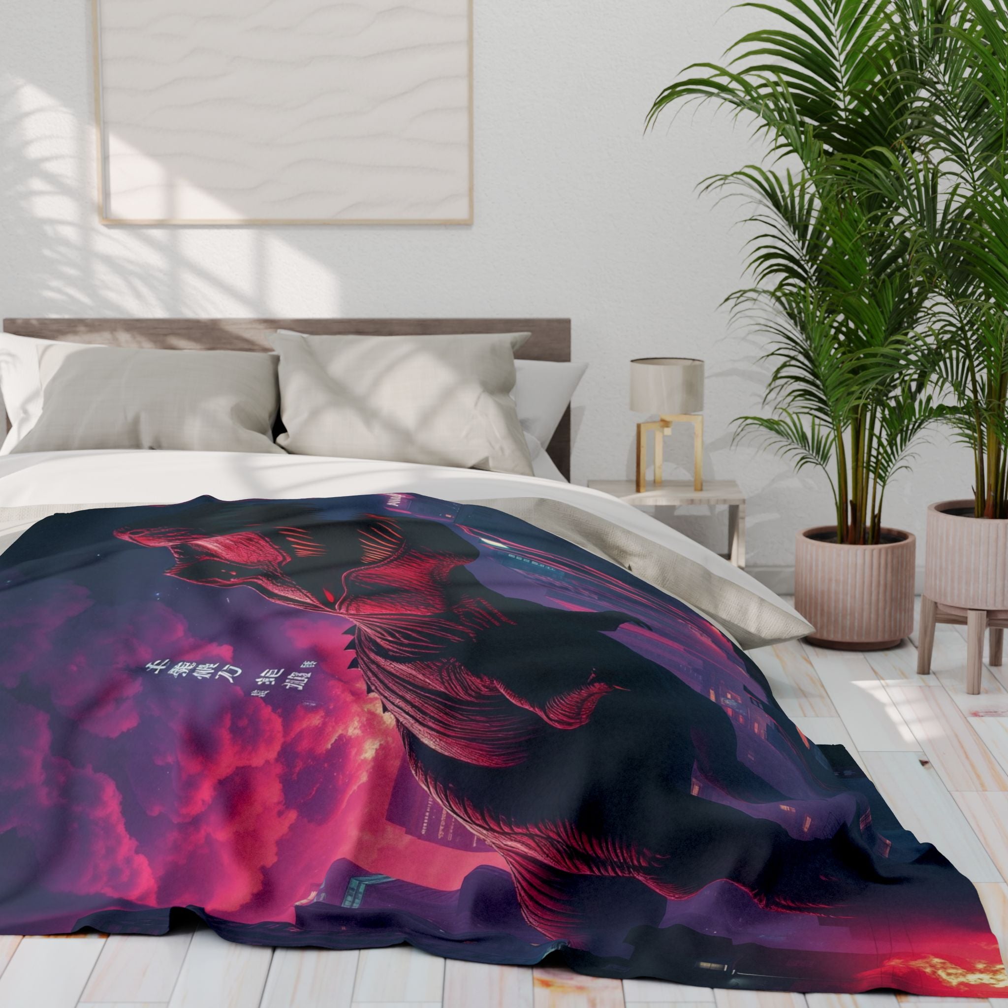 Bed with a colorful blanket featuring a T-Rex dinosaur in downtown Tokyo Japan in a bedroom setting.