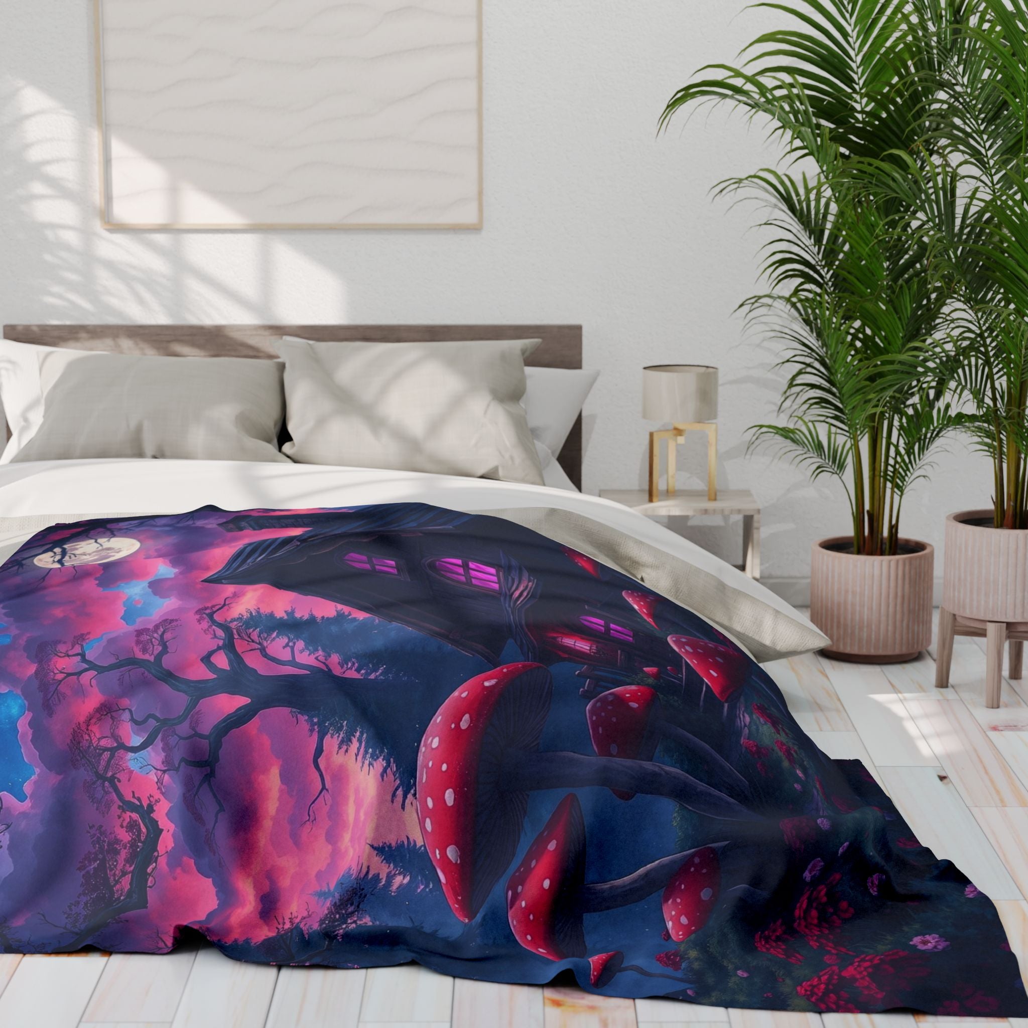 Bed with a creepy halloween haunted house with red and white mushrooms fleece blanket in a modern bedroom setting.