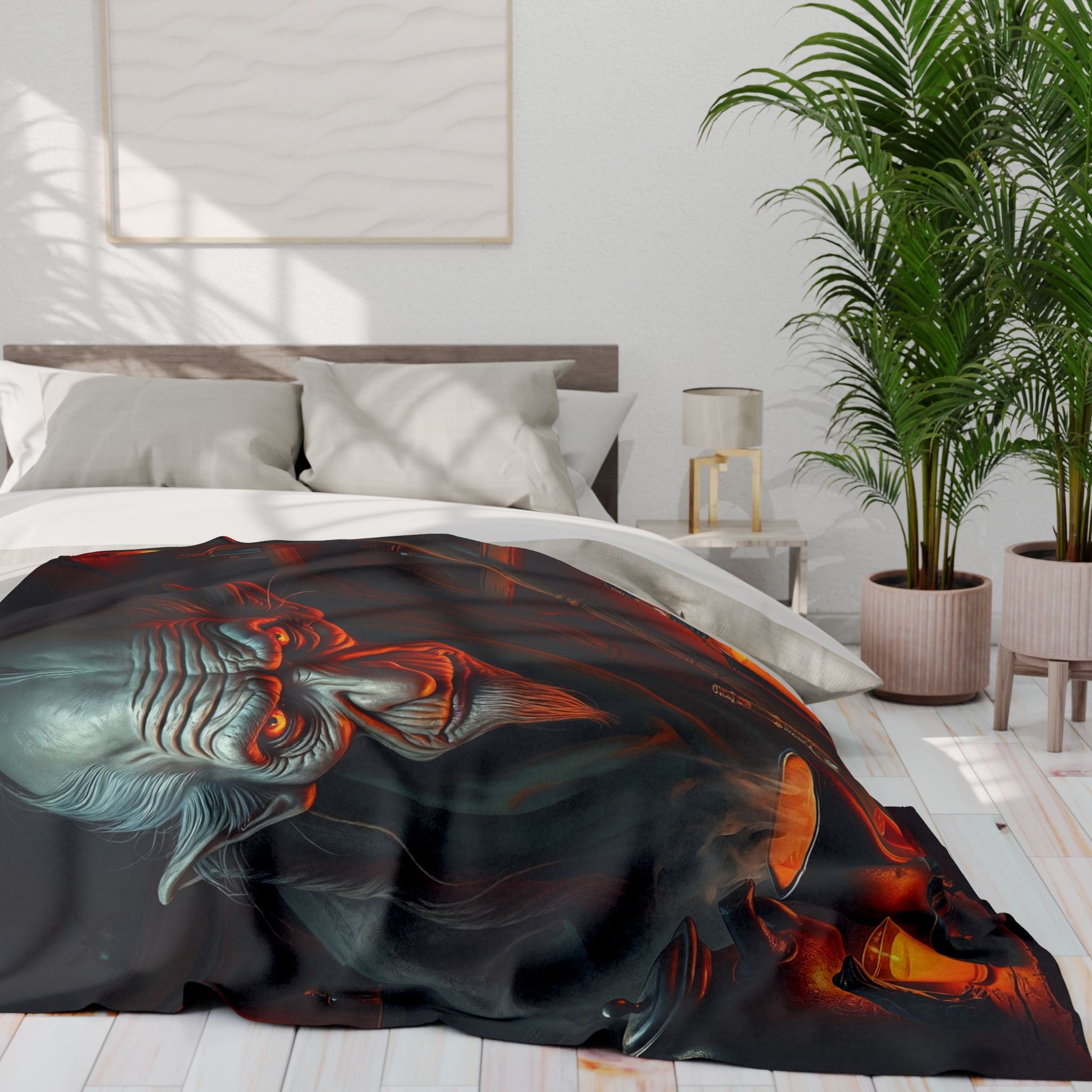 Bedroom with a bed featuring a warlock wizard blanket design, a nightstand, and plants.