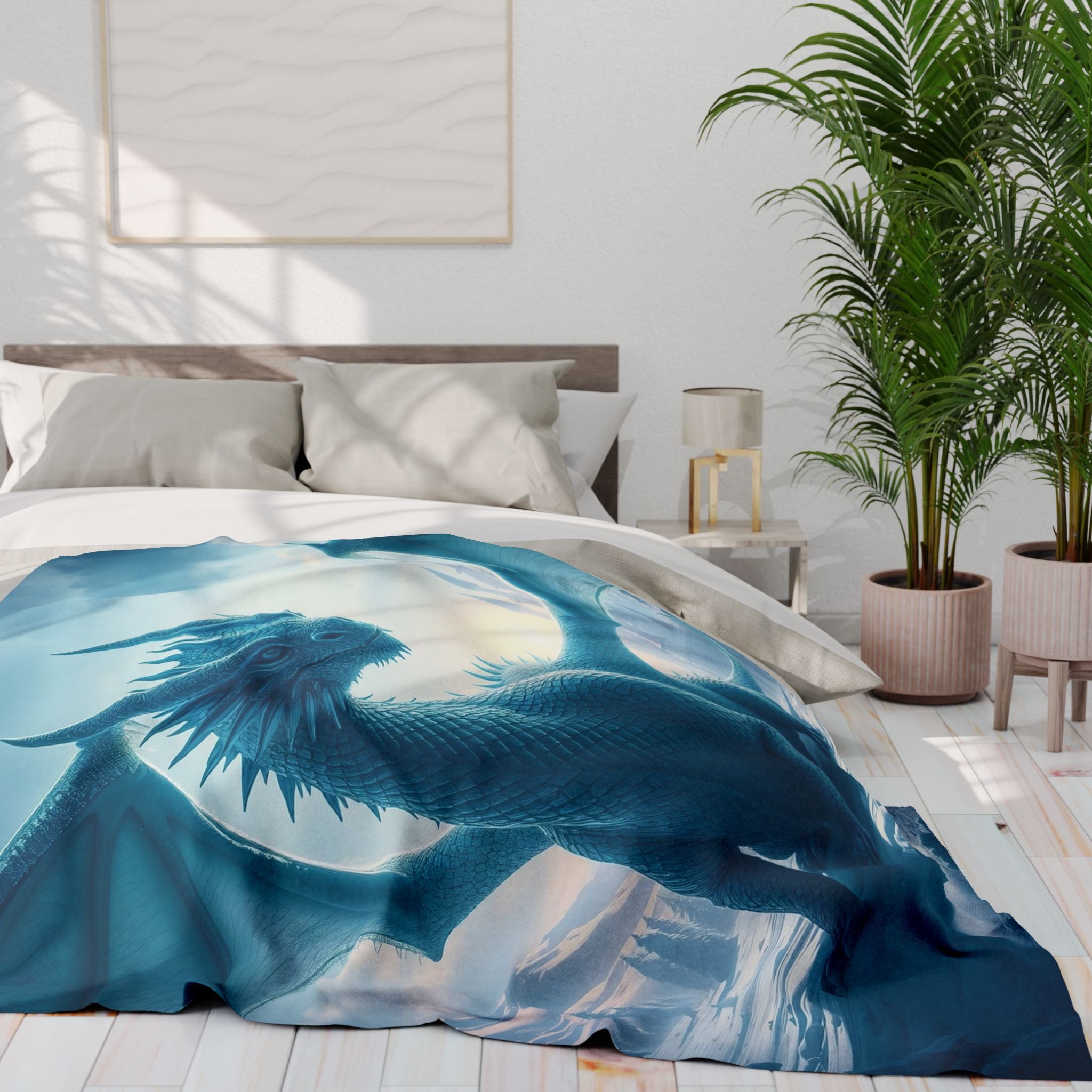 Bed with blue ice dragon design blanket in a bright bedroom.