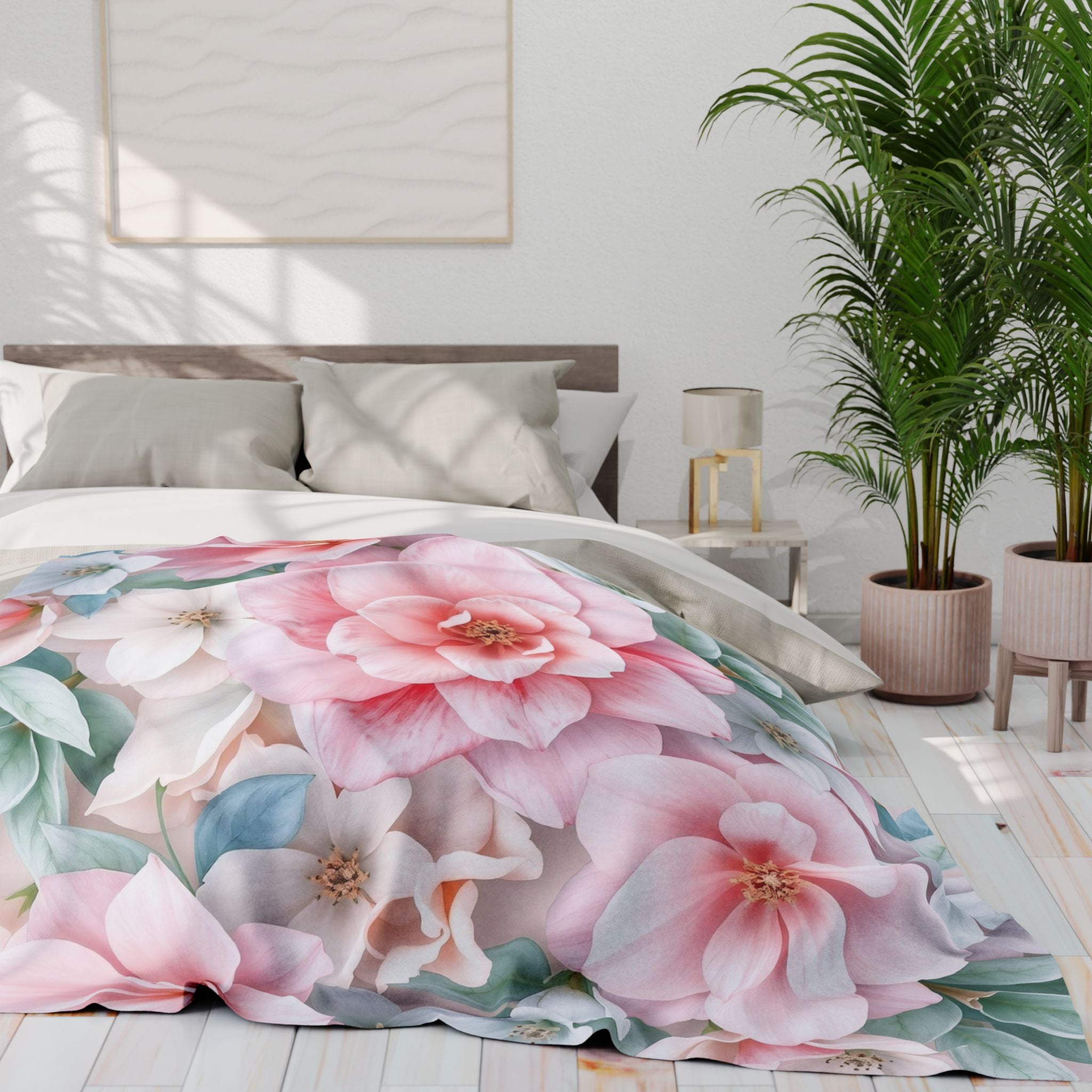 Floral fleece blanket on a bed in a bright bedroom with plants and a lamp.