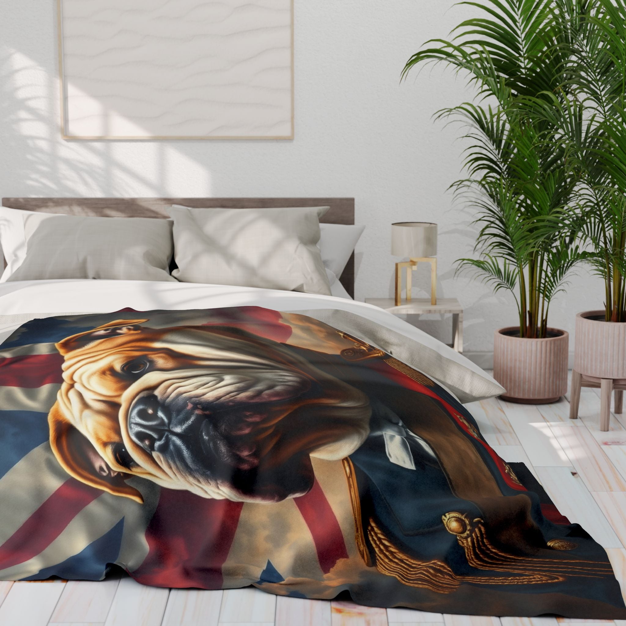 Bedroom with a british bulldog wearing a vintage military army uniform fleece blanket draped over the bed.
