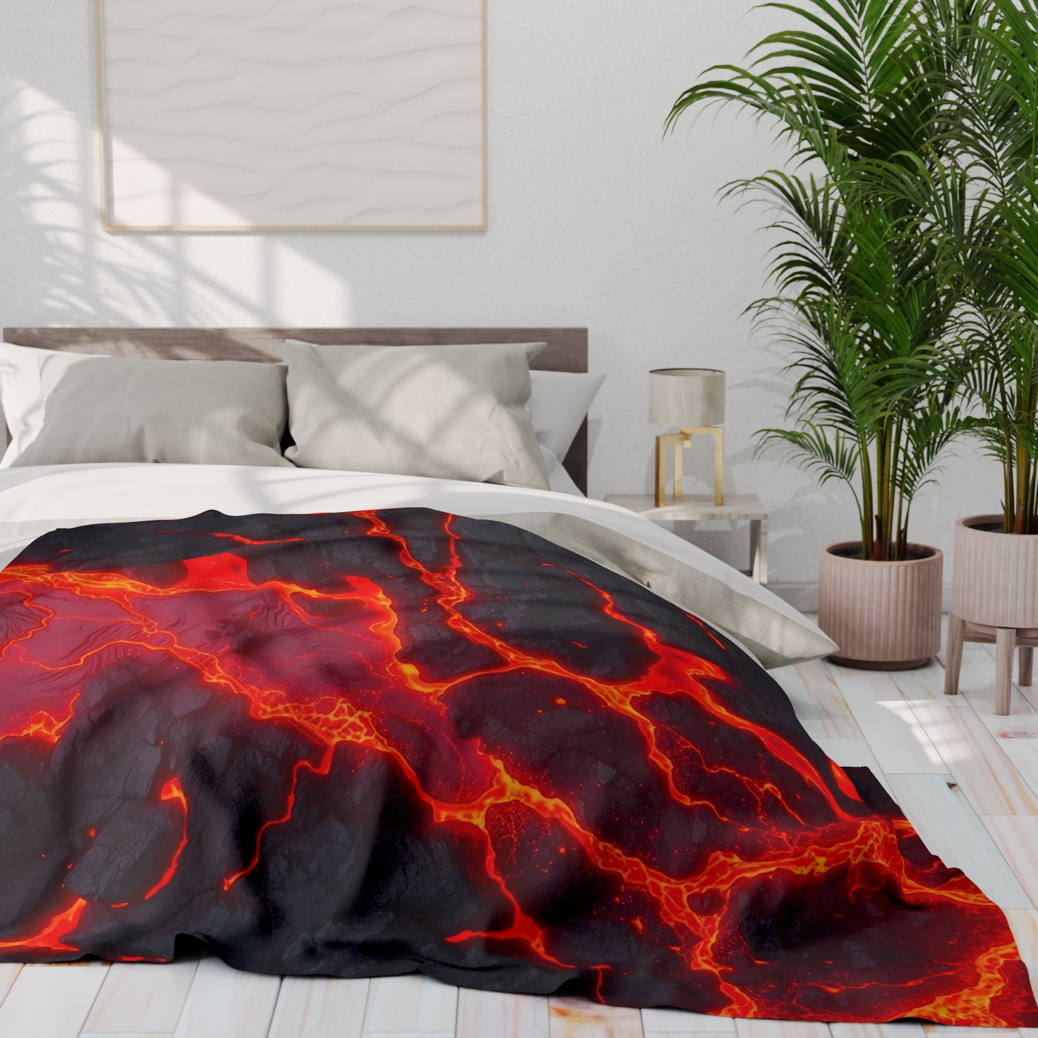 Bed with a fiery lava blanket design in a modern bedroom setting.