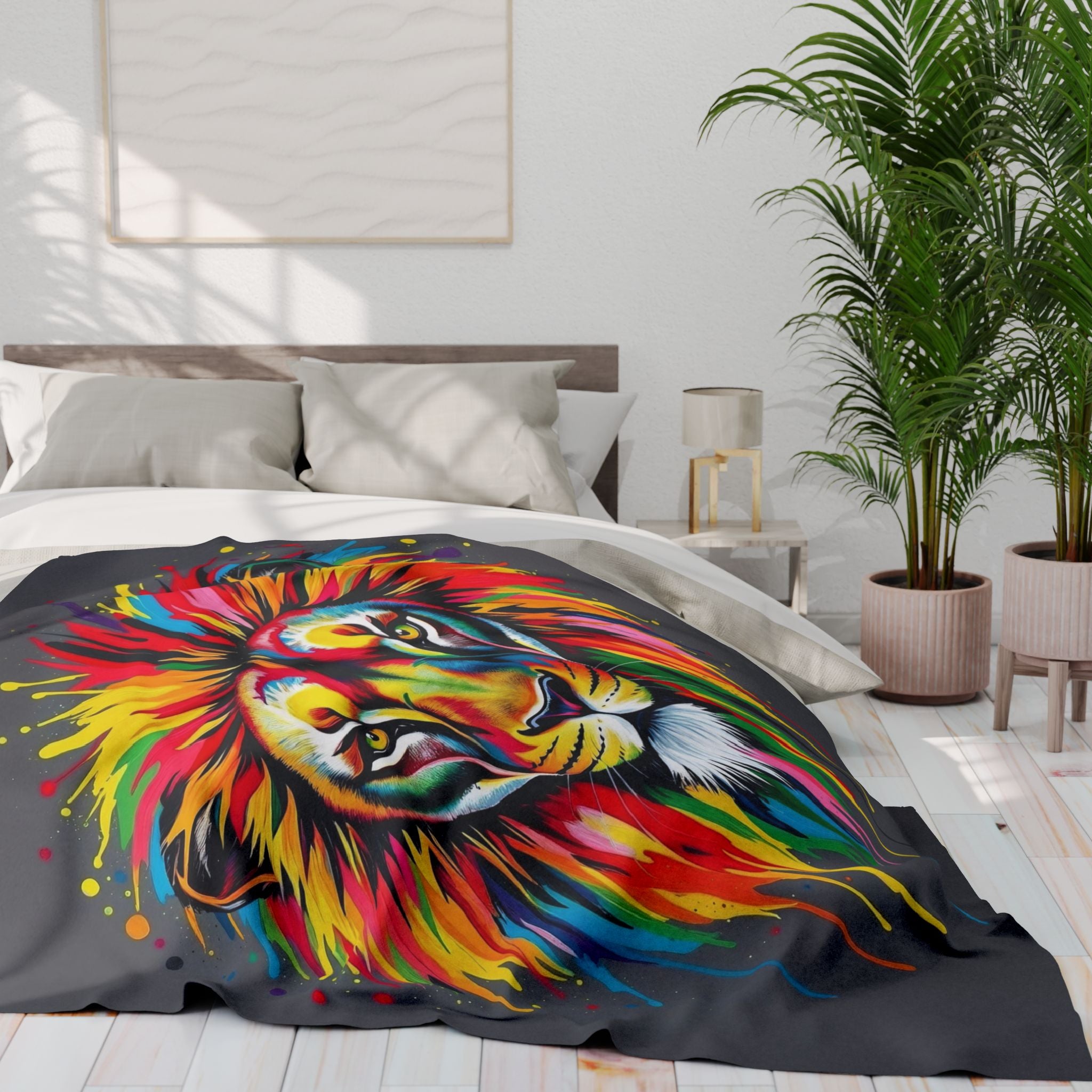 Multicoloured abstract lion design blanket on a bed in a bedroom setting with plants and decor.