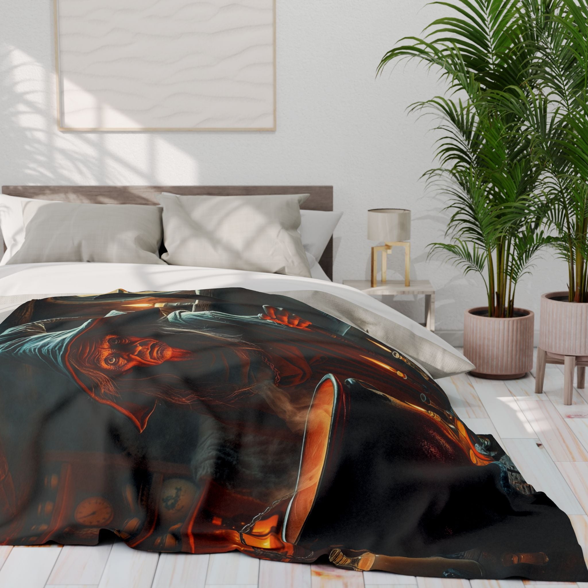 Bed with a halloween evil witch fleece blanket in a modern bedroom setting.