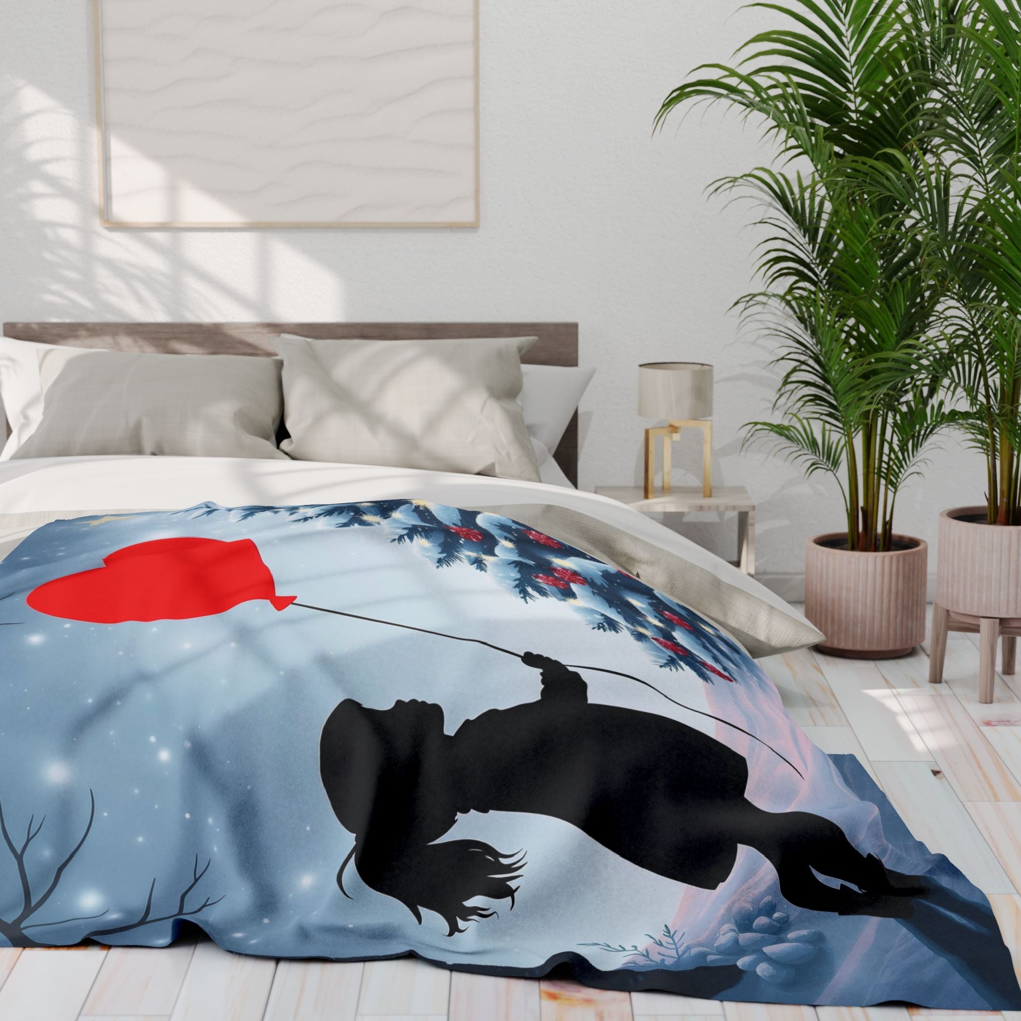 Blanket with a silhouette of a person holding a red balloon inspired by banksy street art in a bedroom setting.