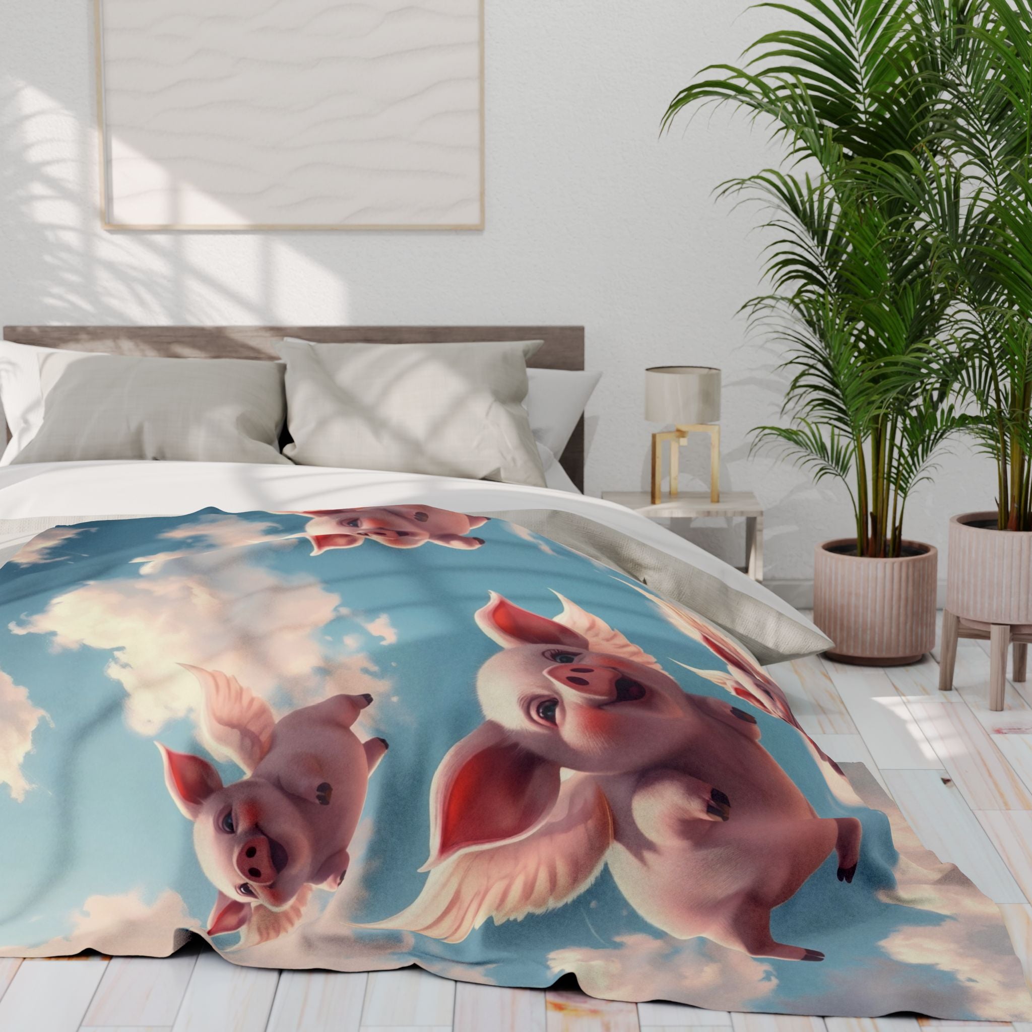 Bed with a decorative fleece blanket featuring cartoon flying pigs in a bedroom setting.