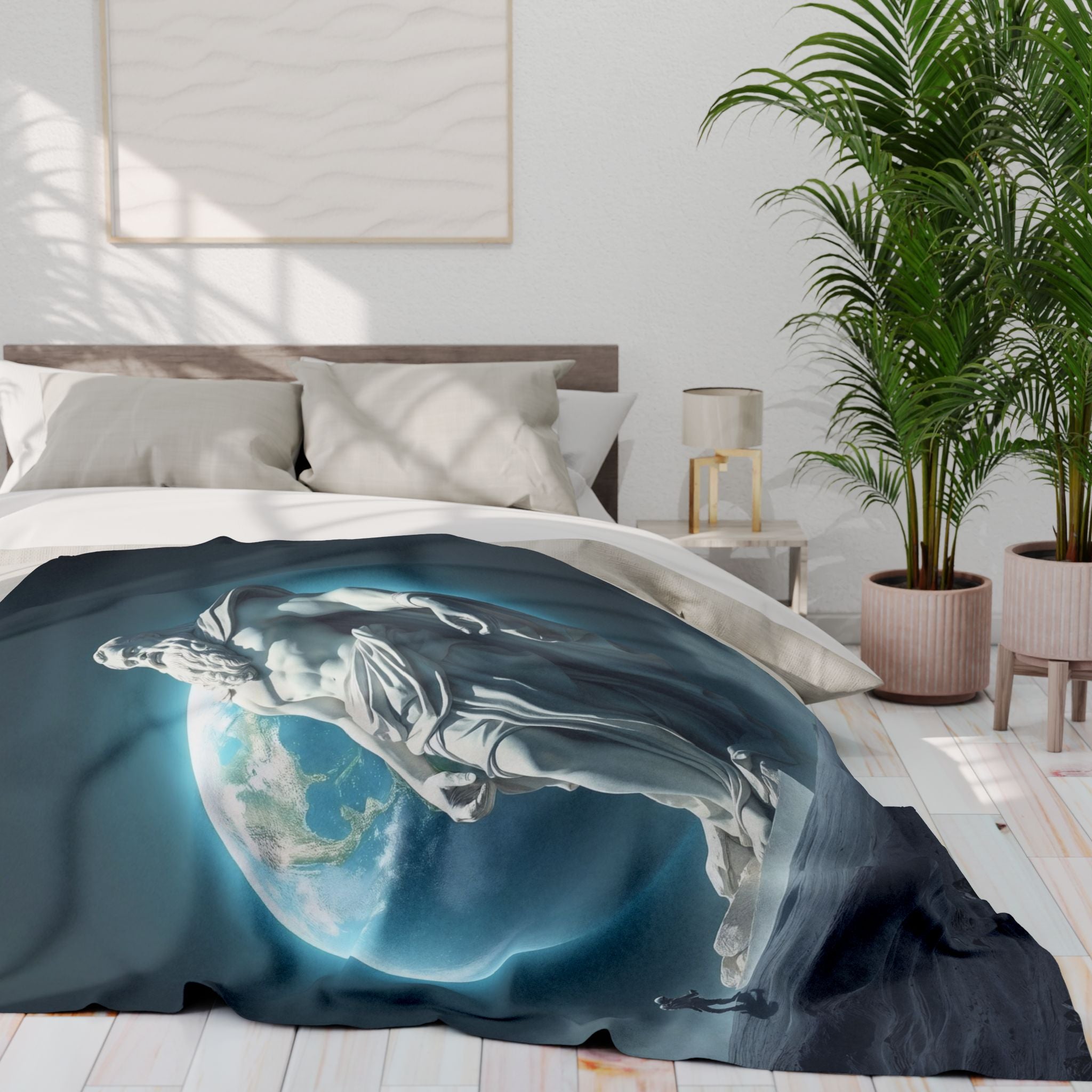 Bed with a decorative fleece blanket featuring a statue of ancient greek god zeus on the moon with an astronaut in a bedroom setting.