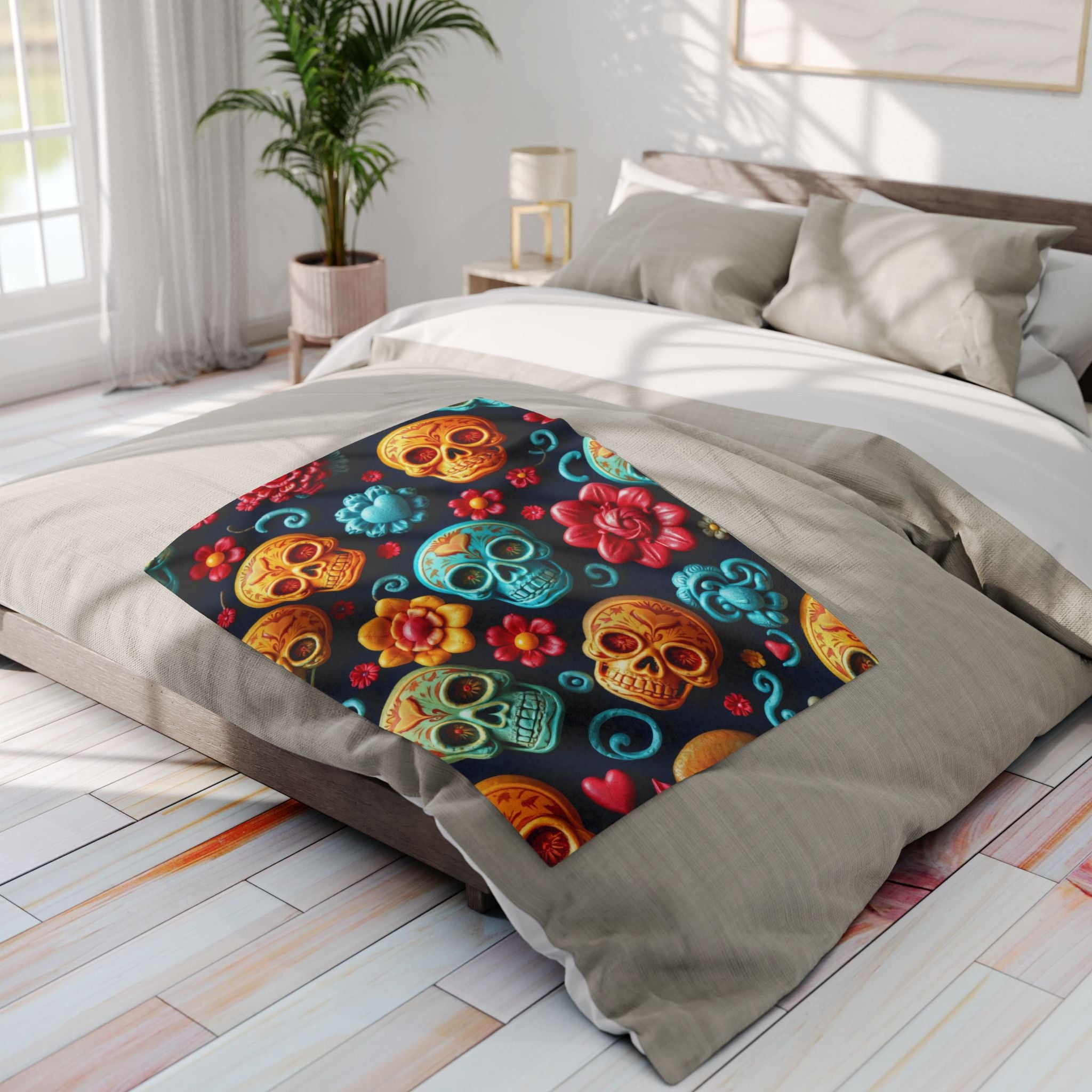 Colorful mexican day of the dead sugar skull and floral patterned blanket on a bed in a bright bedroom.