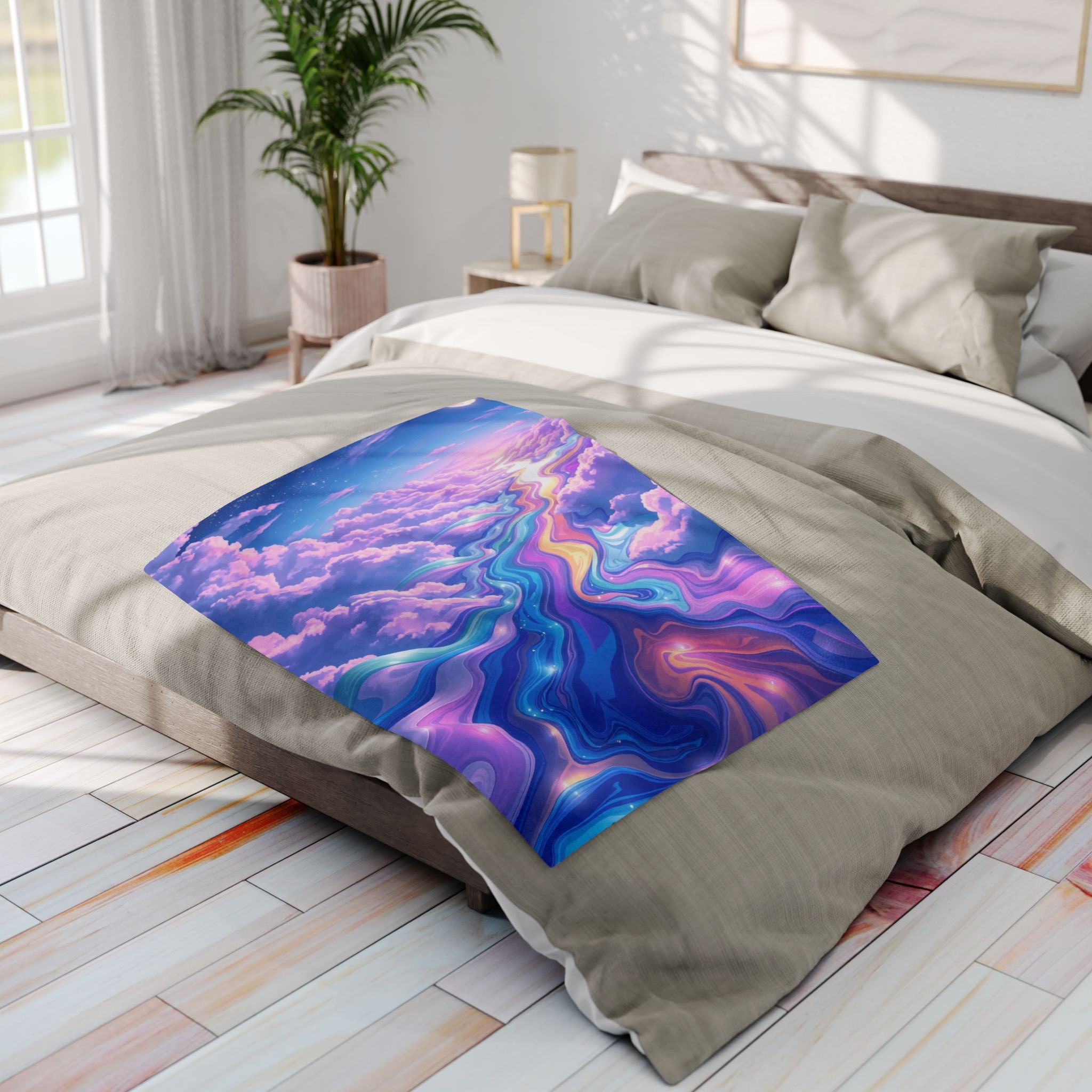 Bed with a colourful cloud abstract design on a blanket in a bright bedroom.