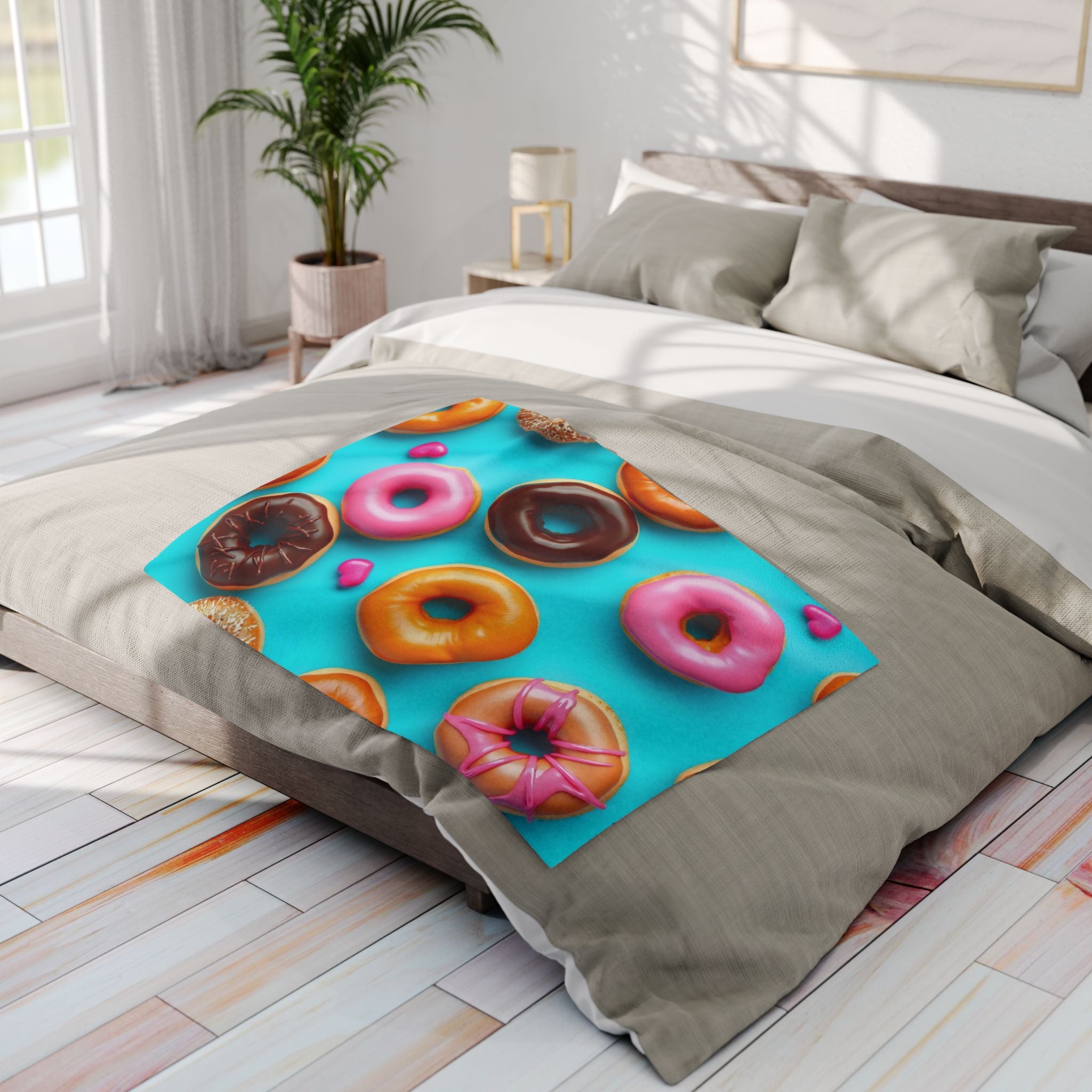 Bed with a colourful donut patterned fleece blanket in a bright bedroom.
