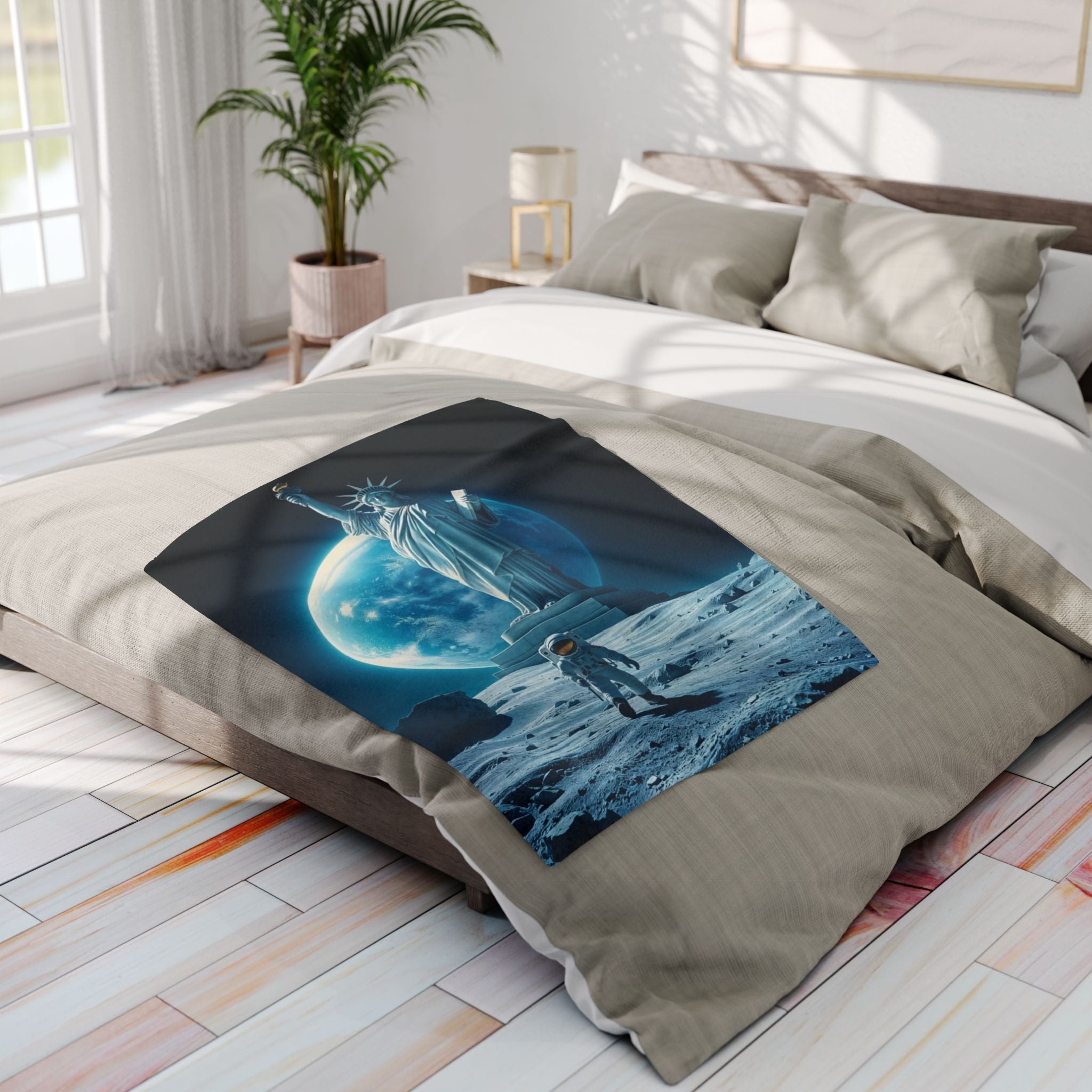 Bed with a decorative fleece blanket featuring the statue of liberty and an astronaut on the moon, in a bright bedroom setting.