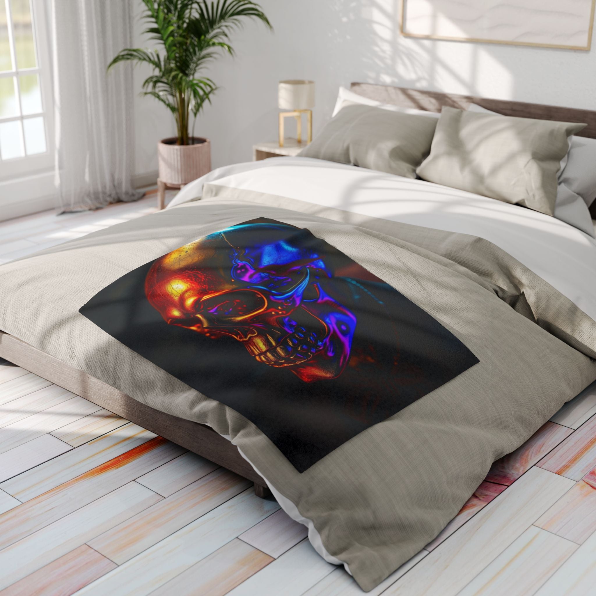 Golden, violet and purple skull fleece blanket design on a bed in a bright bedroom.