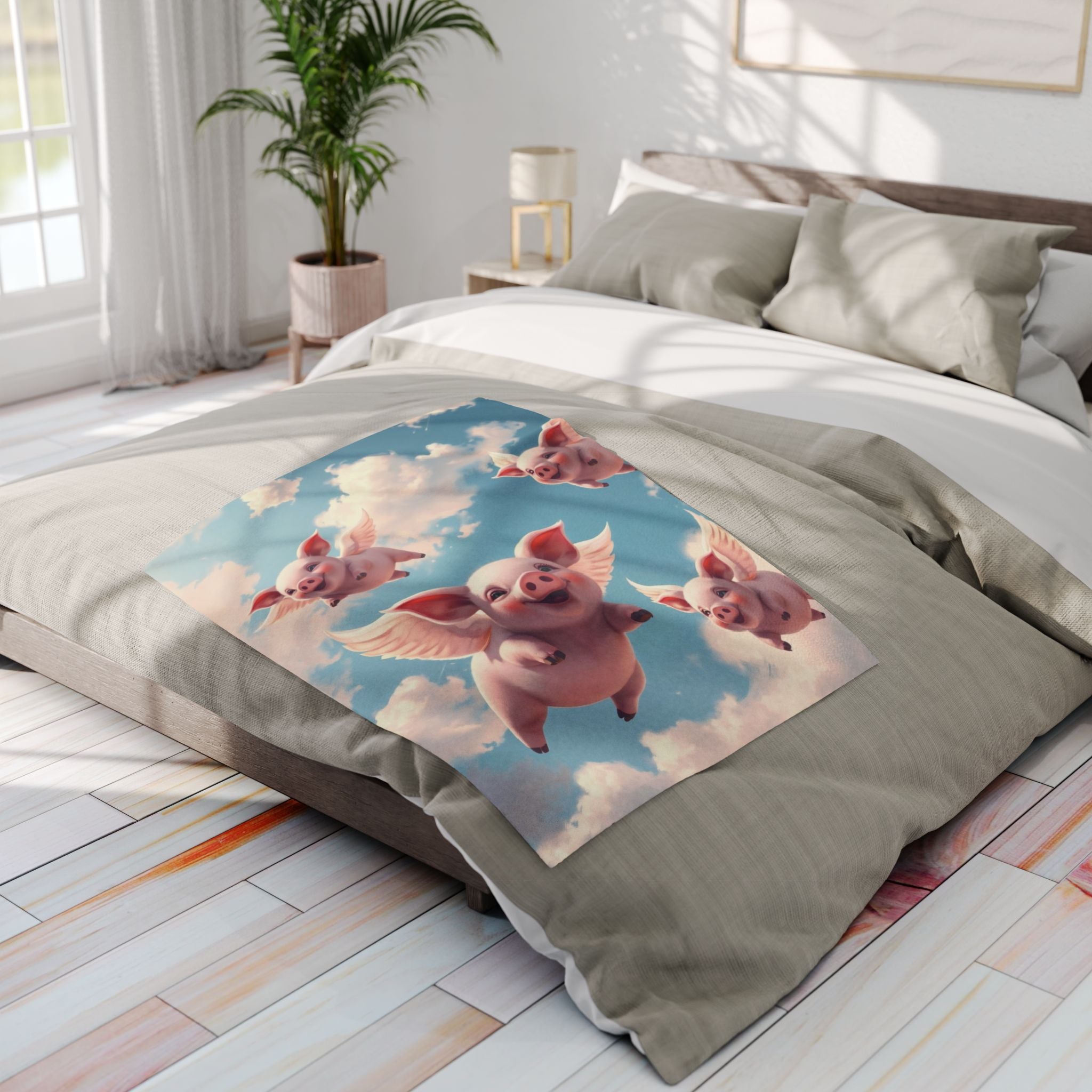 Bed with a decorative warm fleece blanket featuring cartoon flying pigs in the sky design.