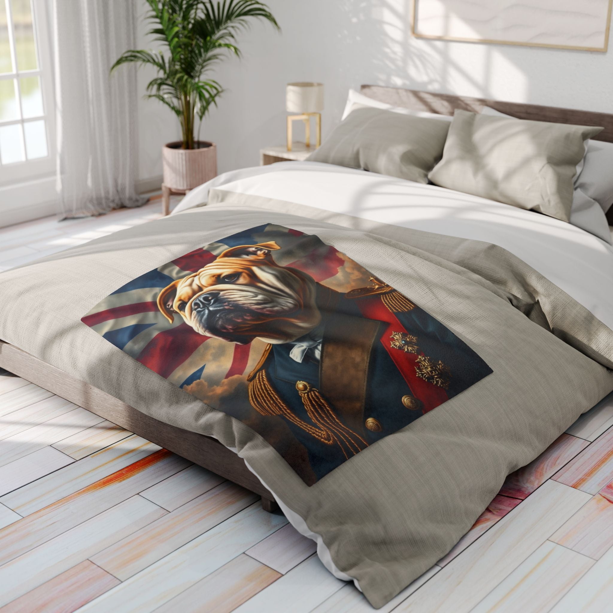 Decorative fleece blanket with a British bulldog wearing an army uniform and Union Jack flag design draped over a bed.