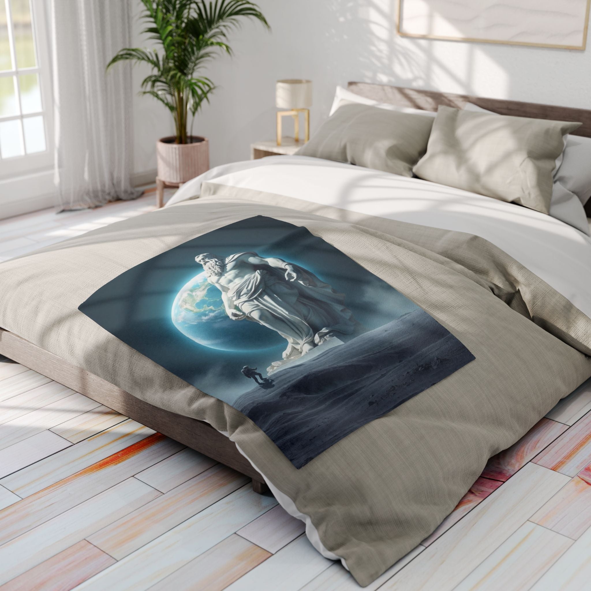 Fleece blanket with a statue of the ancient greek god zeus on the moon with an astronaut design in a bright bedroom.