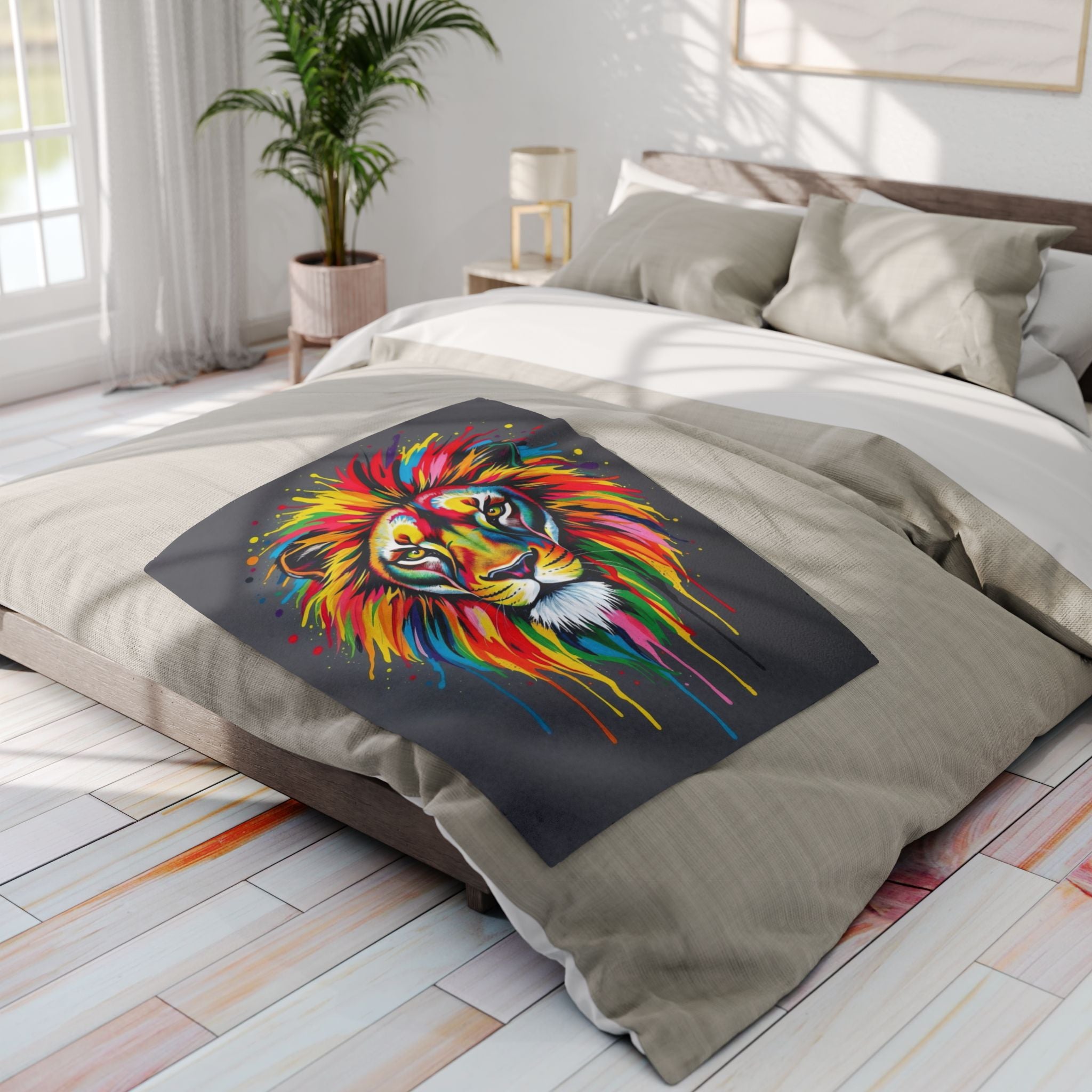 Multicoloured colourful lion design on a fleece blanket in a bedroom setting.
