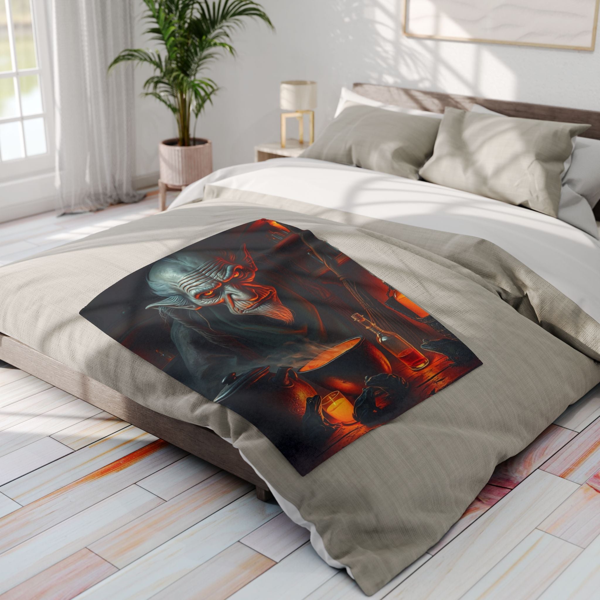 Decorative fleece blanket with a halloween warlock wizard design on a bed in a bright bedroom.