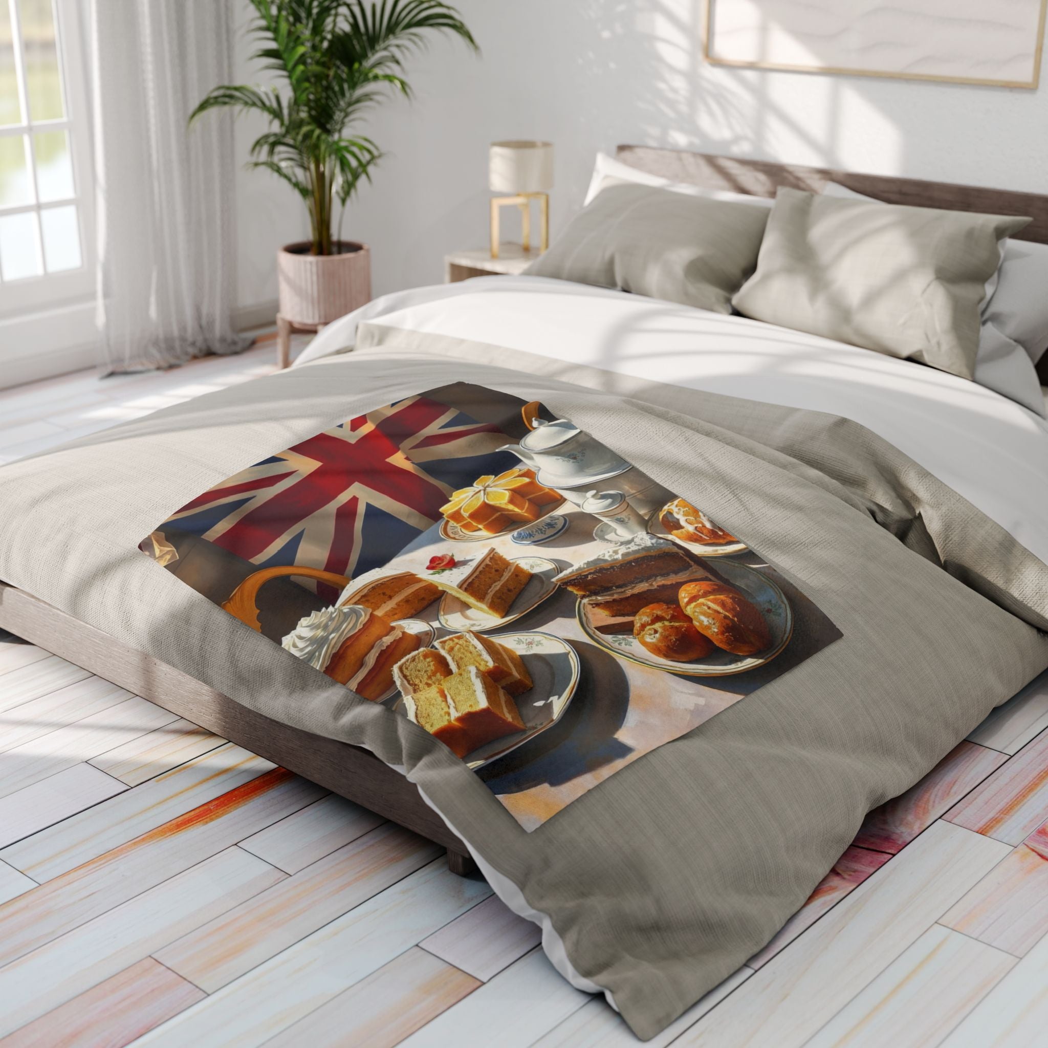Bed with a British high tea design blanket in a bright bedroom.