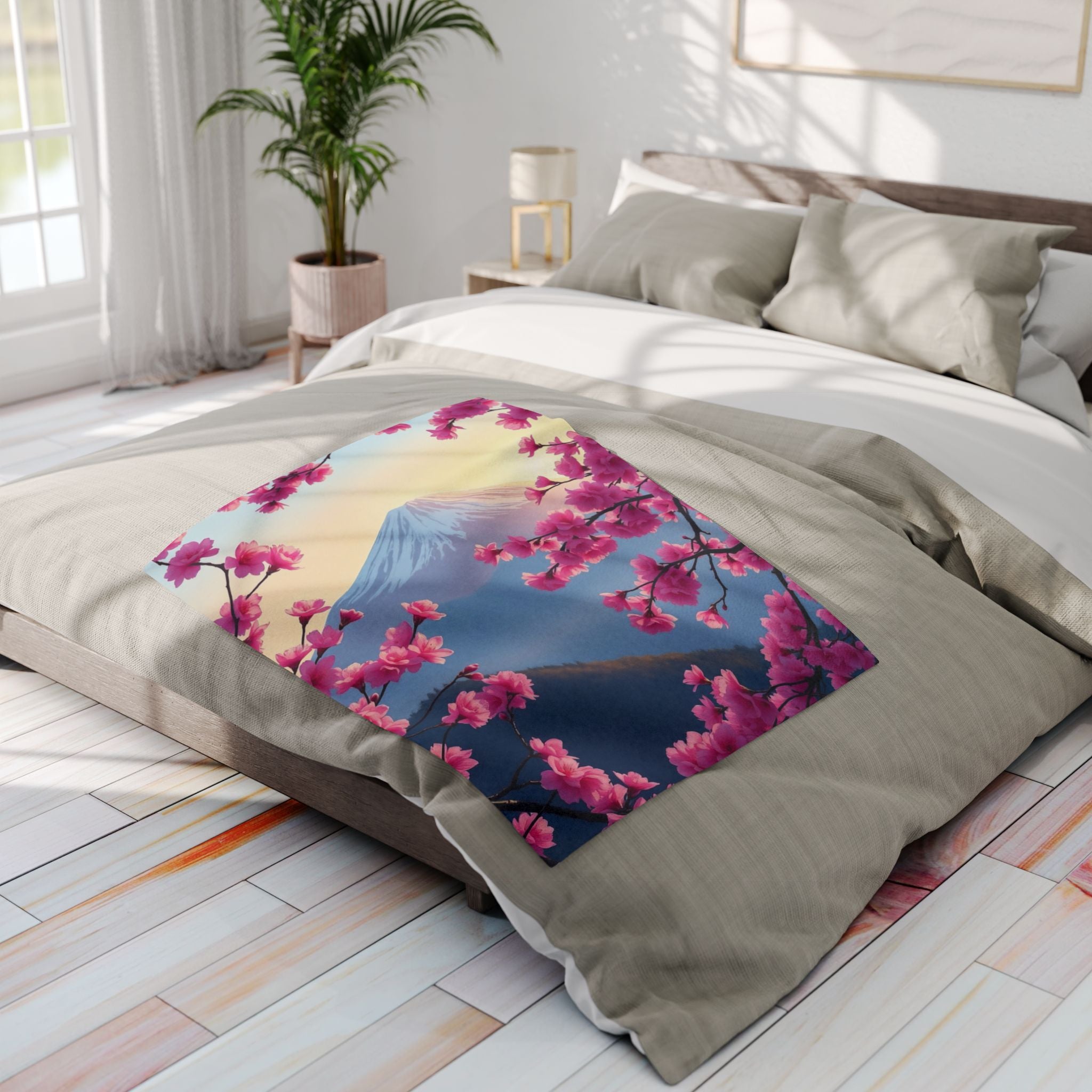 Bed with a pink cherry blossom and mount fuji at sunrise fleece blanket in a bright bedroom.