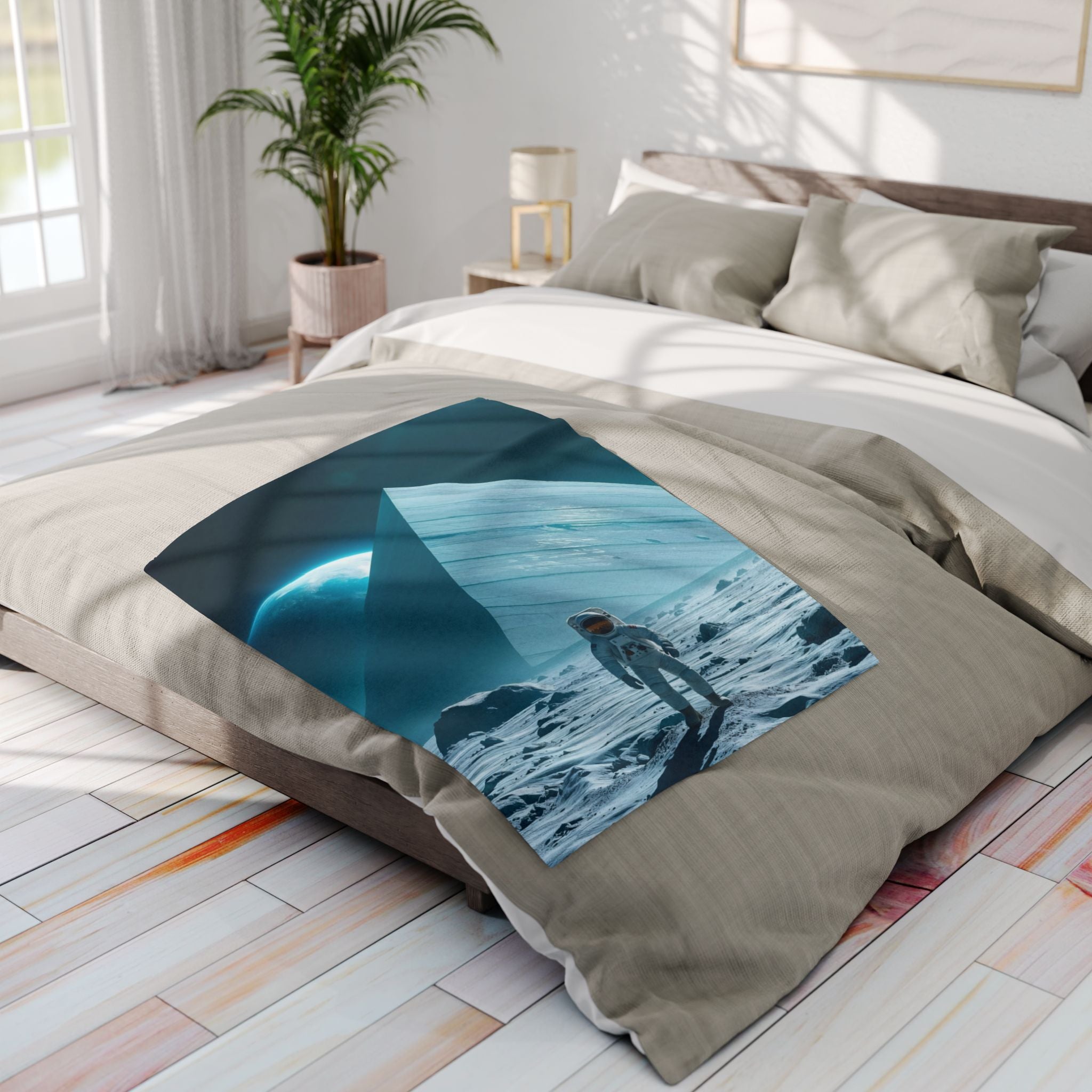 Bed with a decorative fleece blanket featuring a huge ancient pyramid and an astronaut standing on the moon with a blue sky.