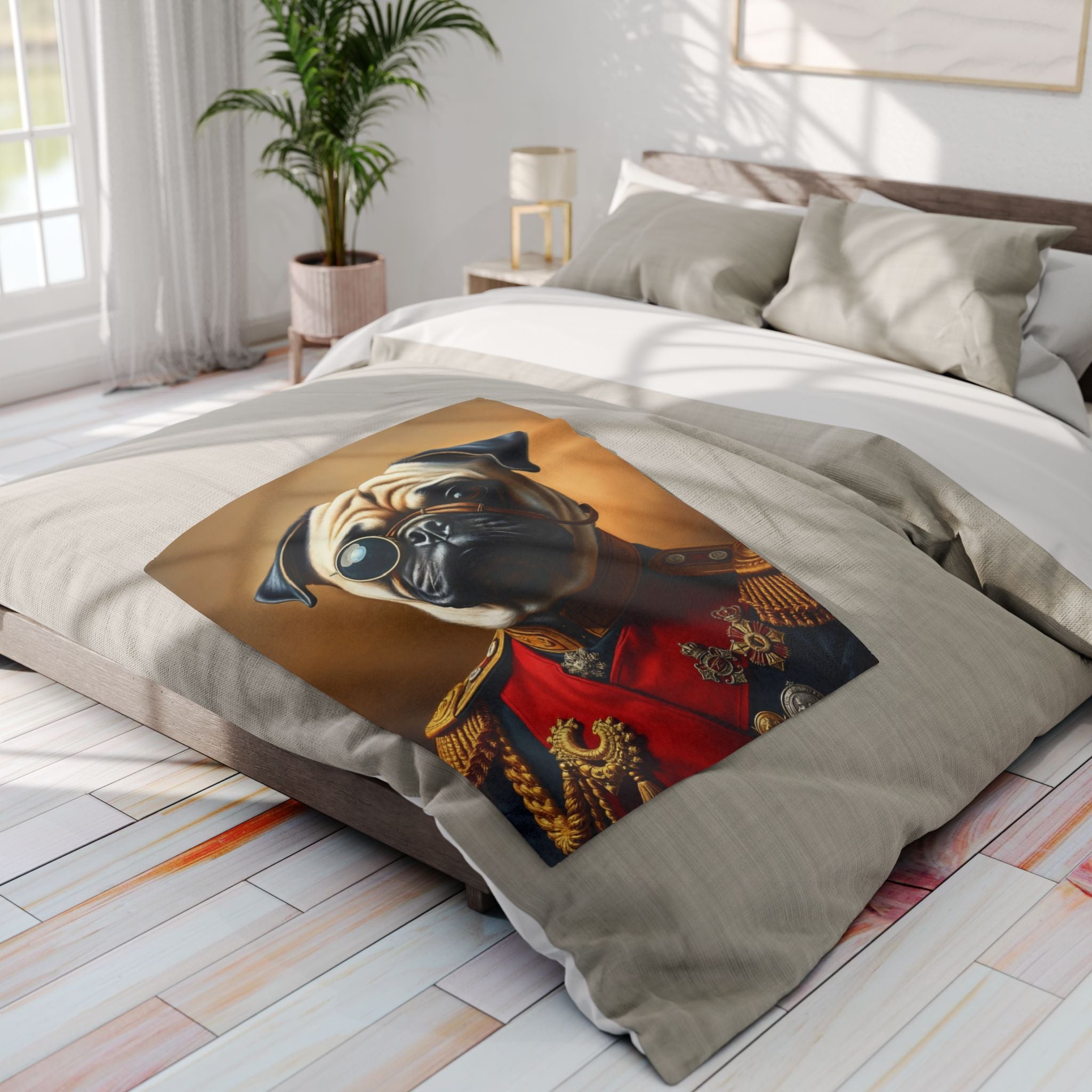 Fleece blanket featuring a pug dog wearing a vintage army military uniform draped over a bed in a bright bedroom.