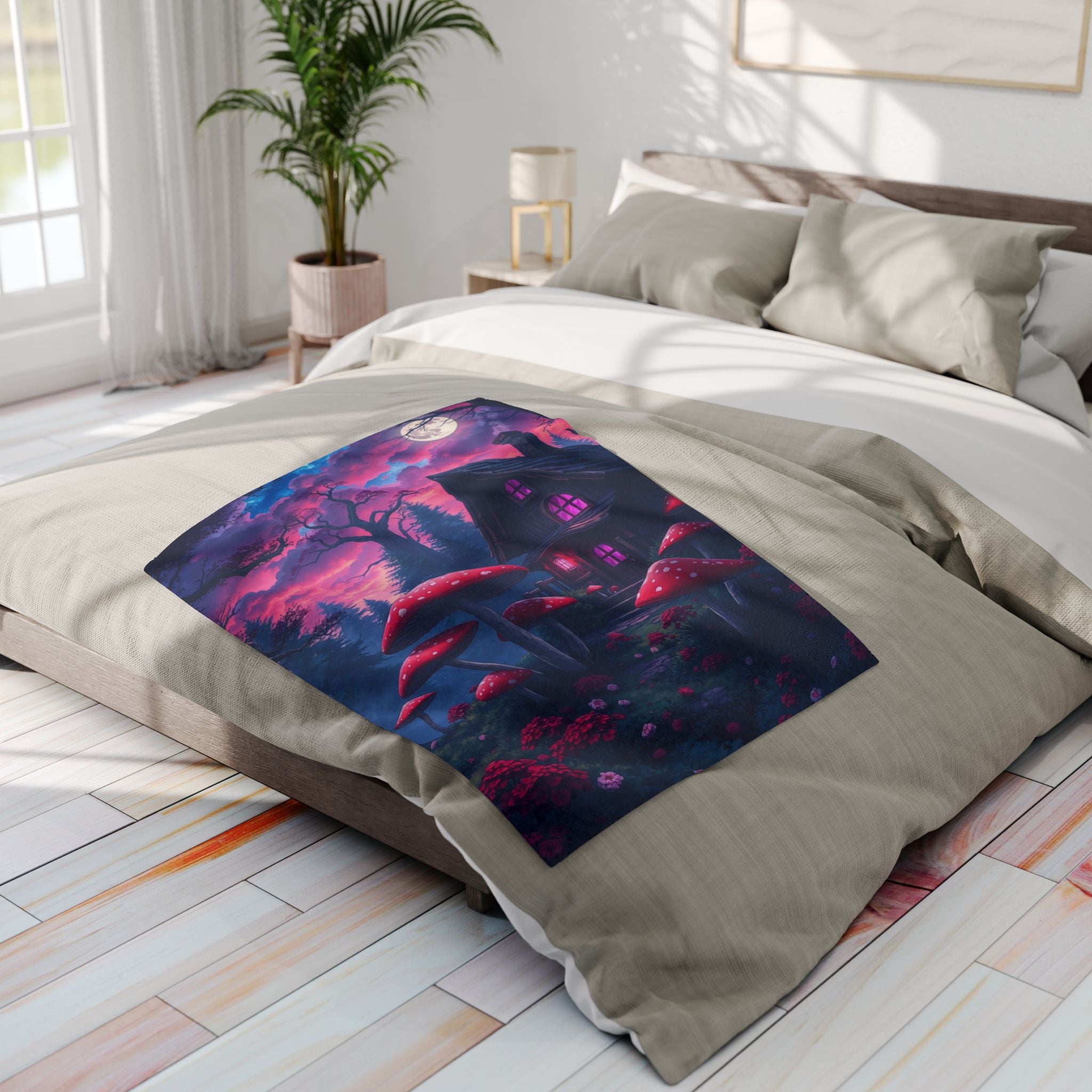 Bed with a colorful fleece blanket throw featuring a haunted halloween house with red and white spotted mushrooms in a bright bedroom.