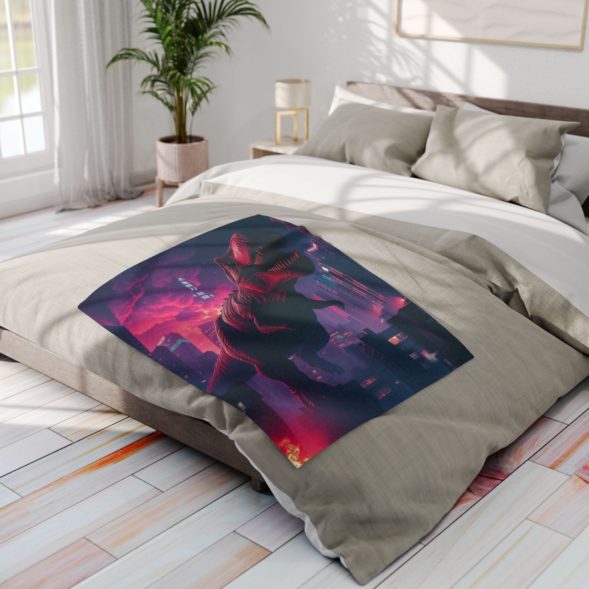 Bed with a fleece blanket throw featuring T-Rex in downtown Japan.