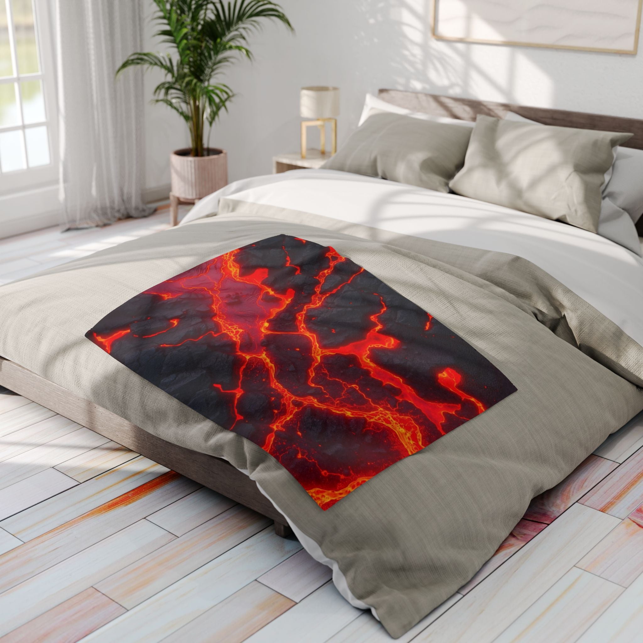 Warm fleece blanket with a fiery lava design on a bed in a bright bedroom.