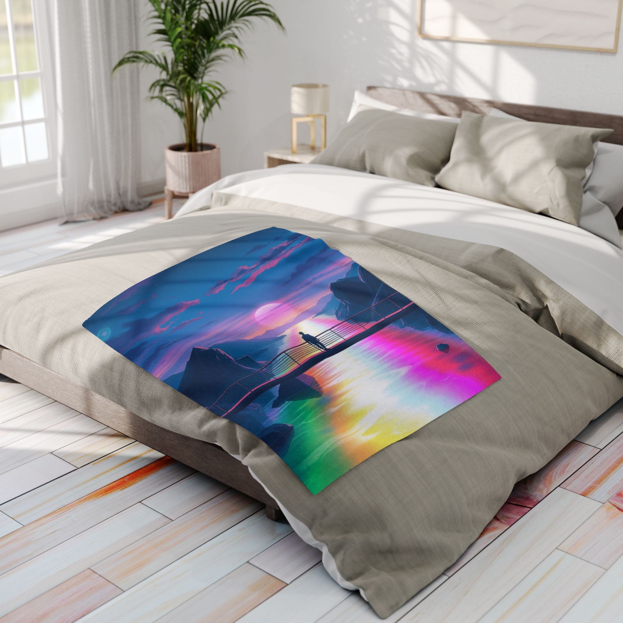 Looking at a rainbow river sunset from a bridge abstract design on a fleece blanket in a bedroom setting.