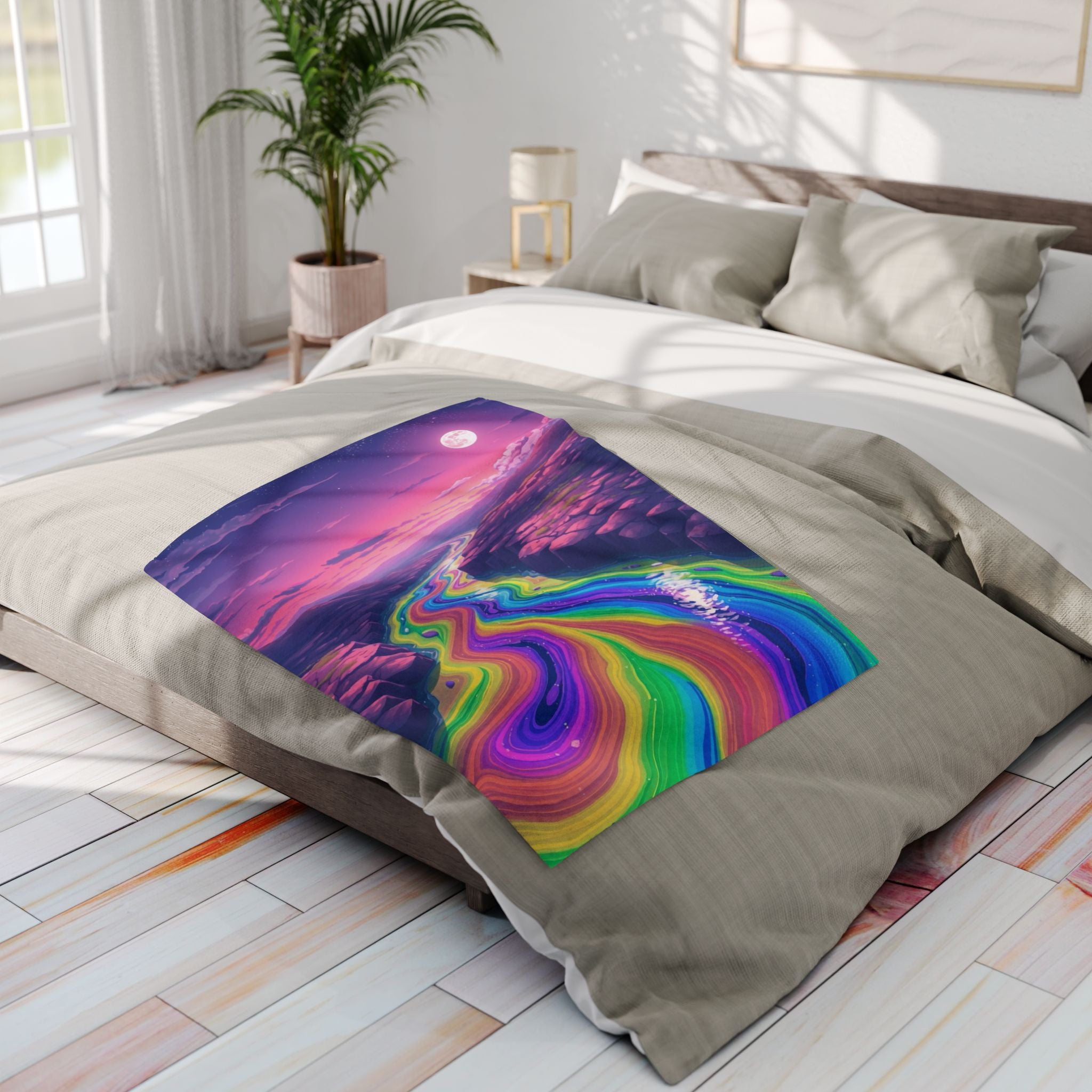 Bed with a blanket featuring a moonlit rainbow river design in a bright bedroom.