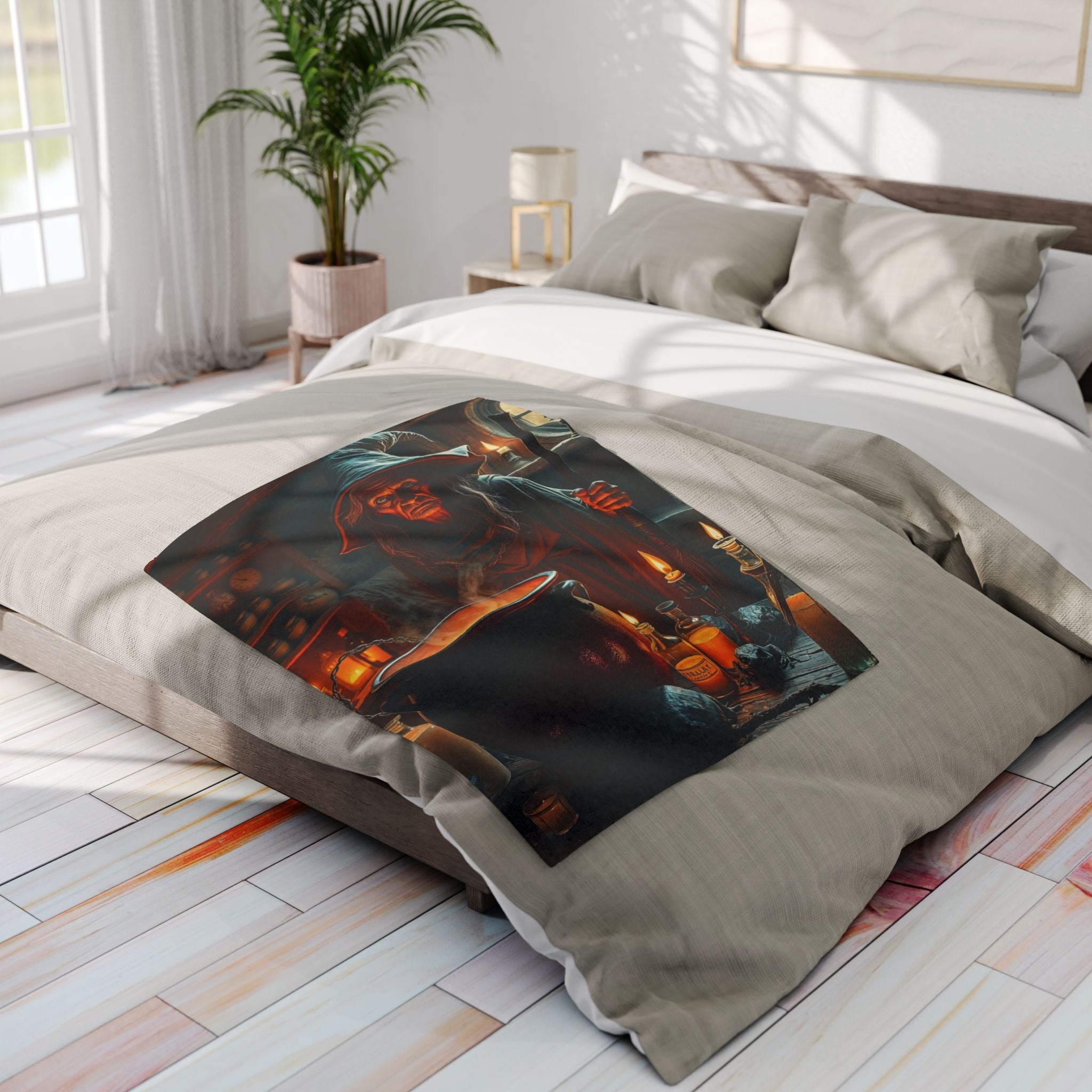 Fleece blanket featuring a halloween evil witch over her cauldron draped over a bed in a bright bedroom.