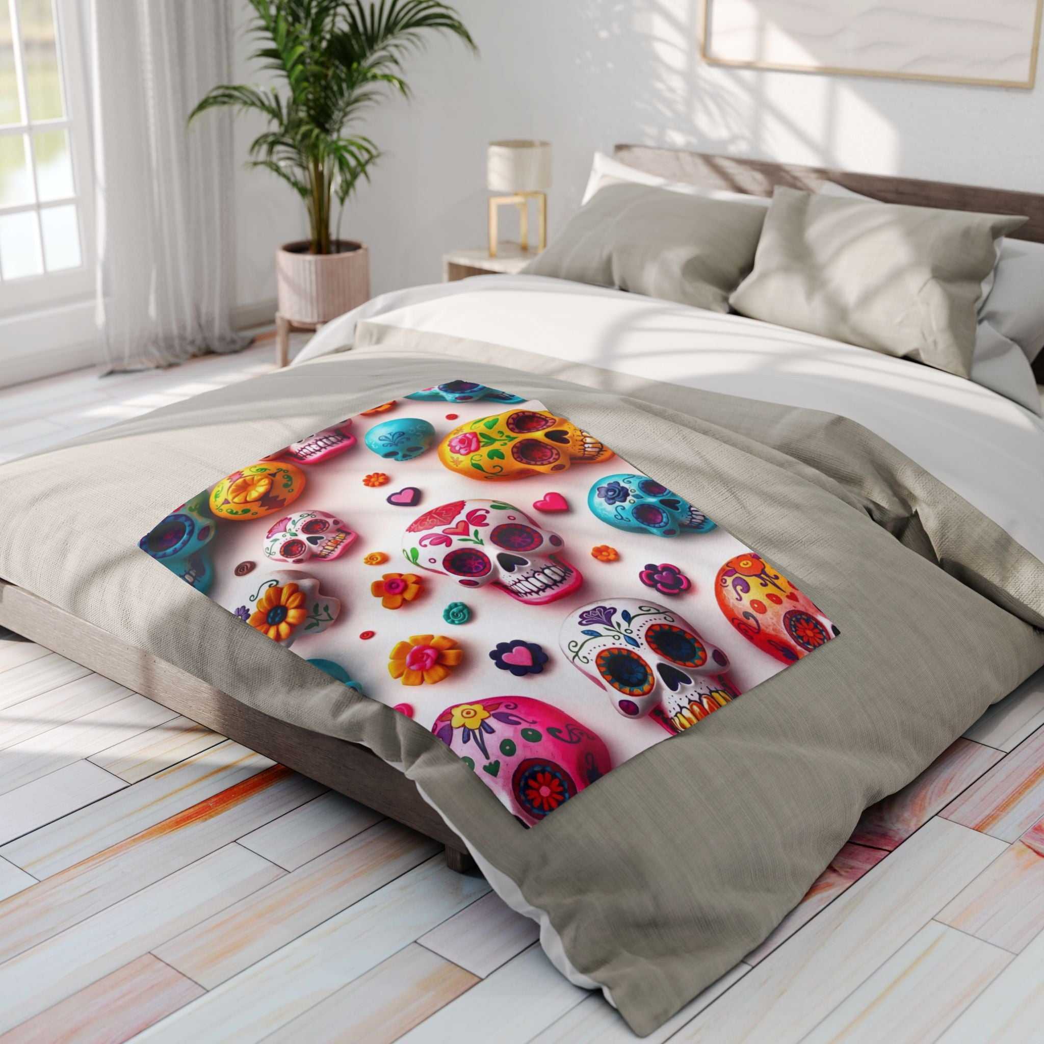 Colorful mexican day of the dead sugar skull pattern on a fleece blanket throw in a bright bedroom.