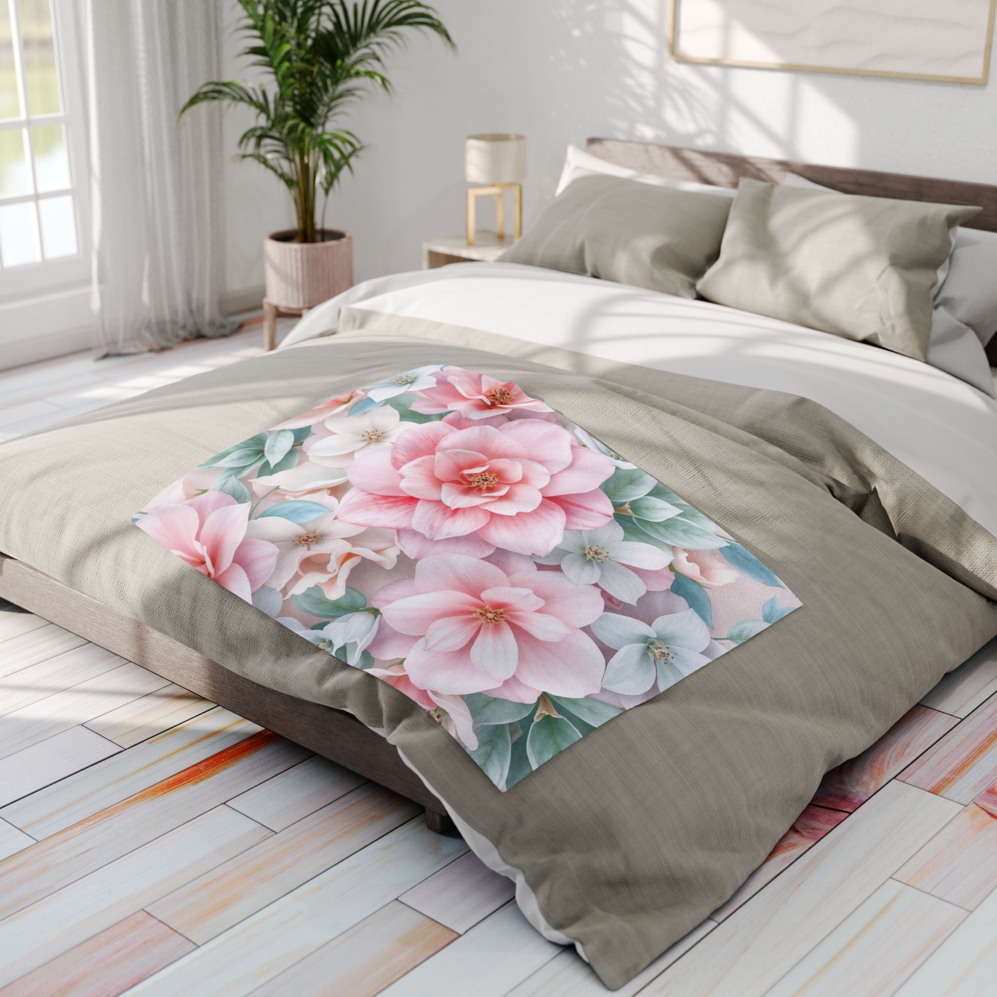 Floral design on a bed in a bright bedroom with natural light.